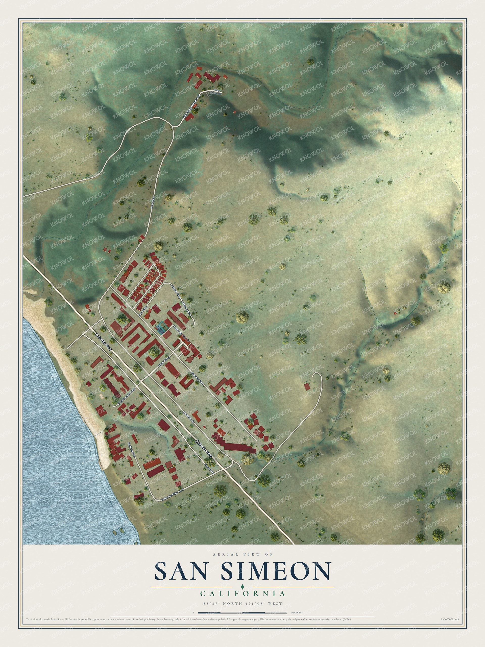Full map of San Simeon, California, with red buildings, printed street names and the land around them