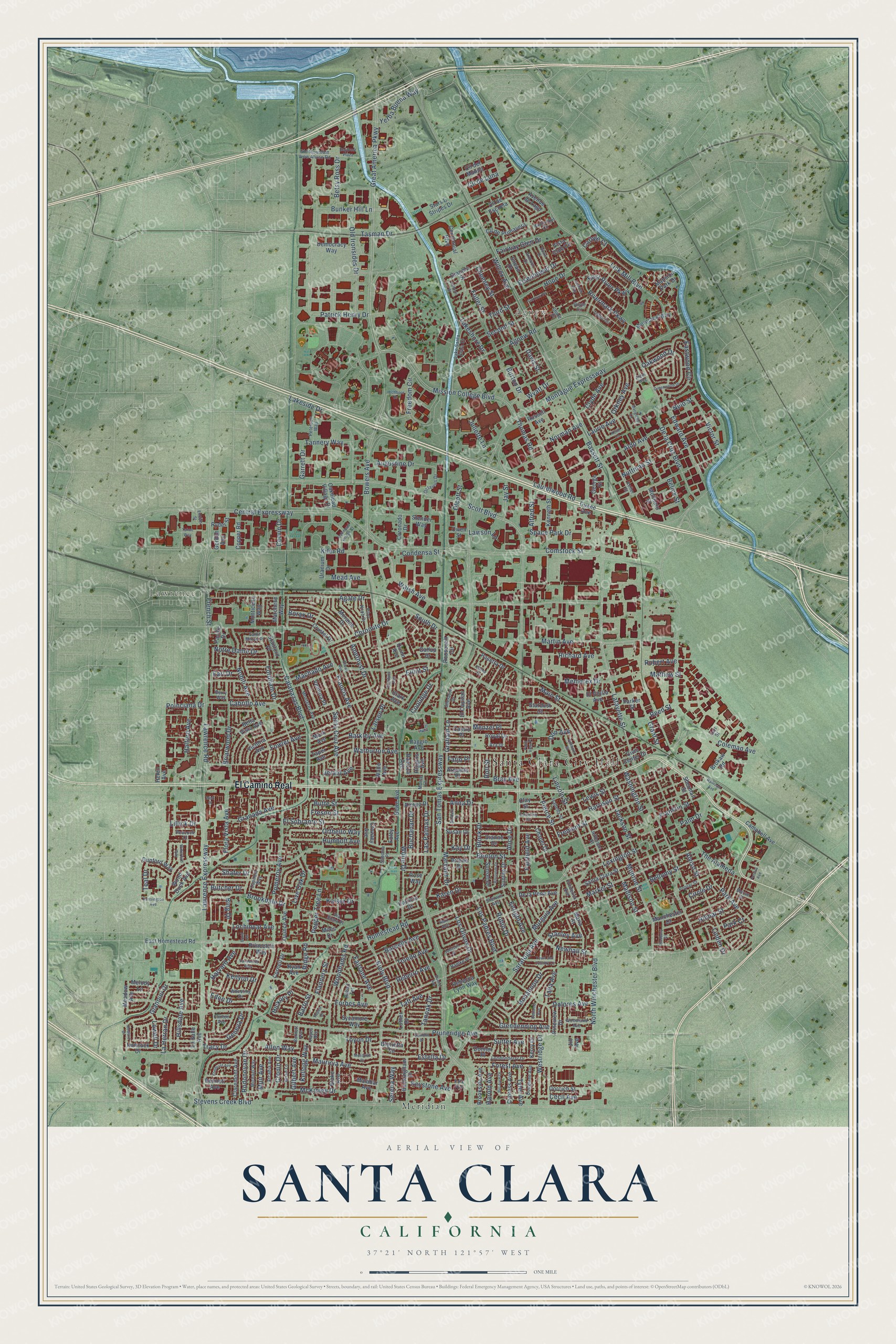 Full map of Santa Clara, California, with red buildings, printed street names and the land around them