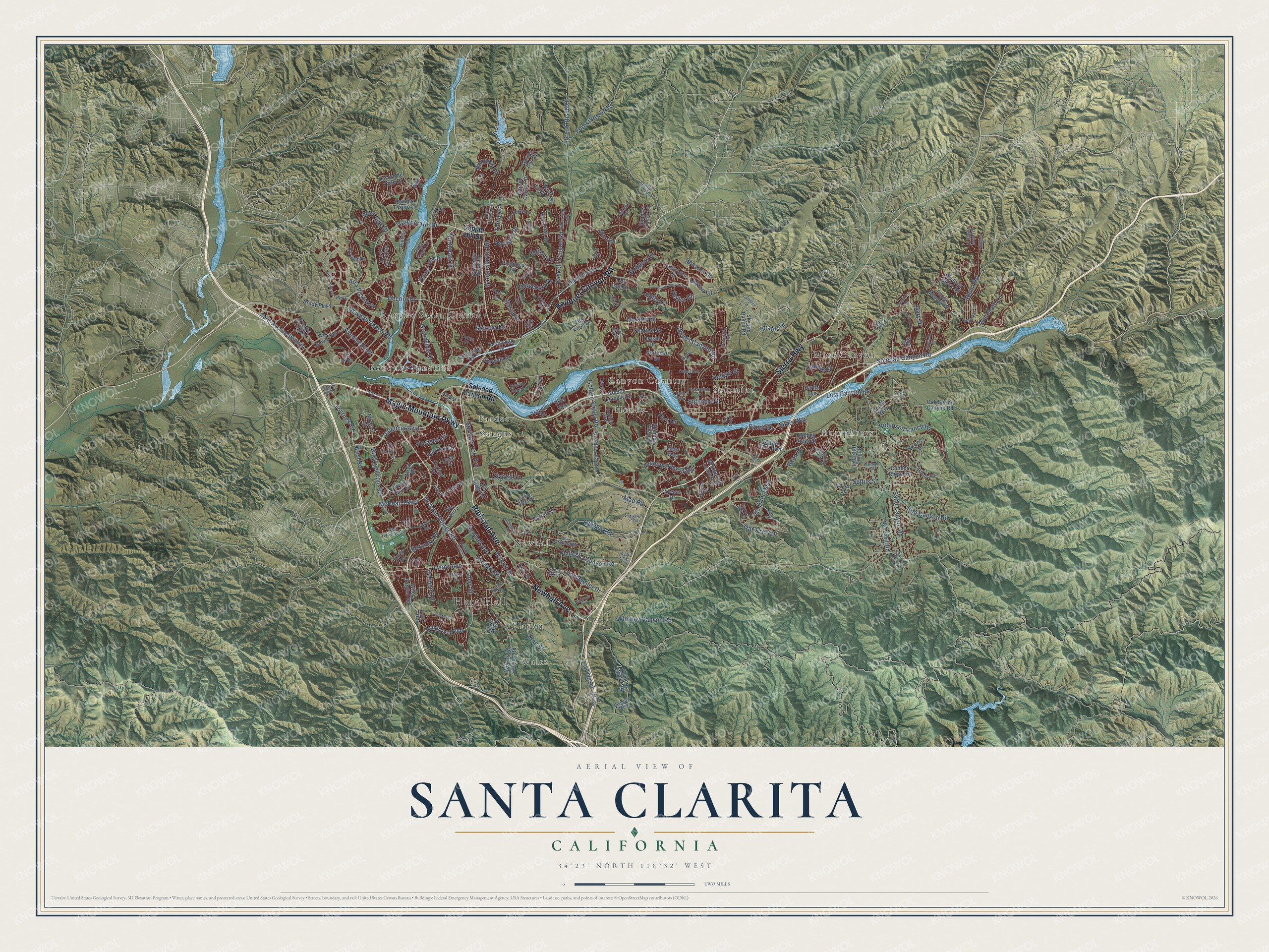 Full map of Santa Clarita, California, with red buildings, printed street names and the land around them