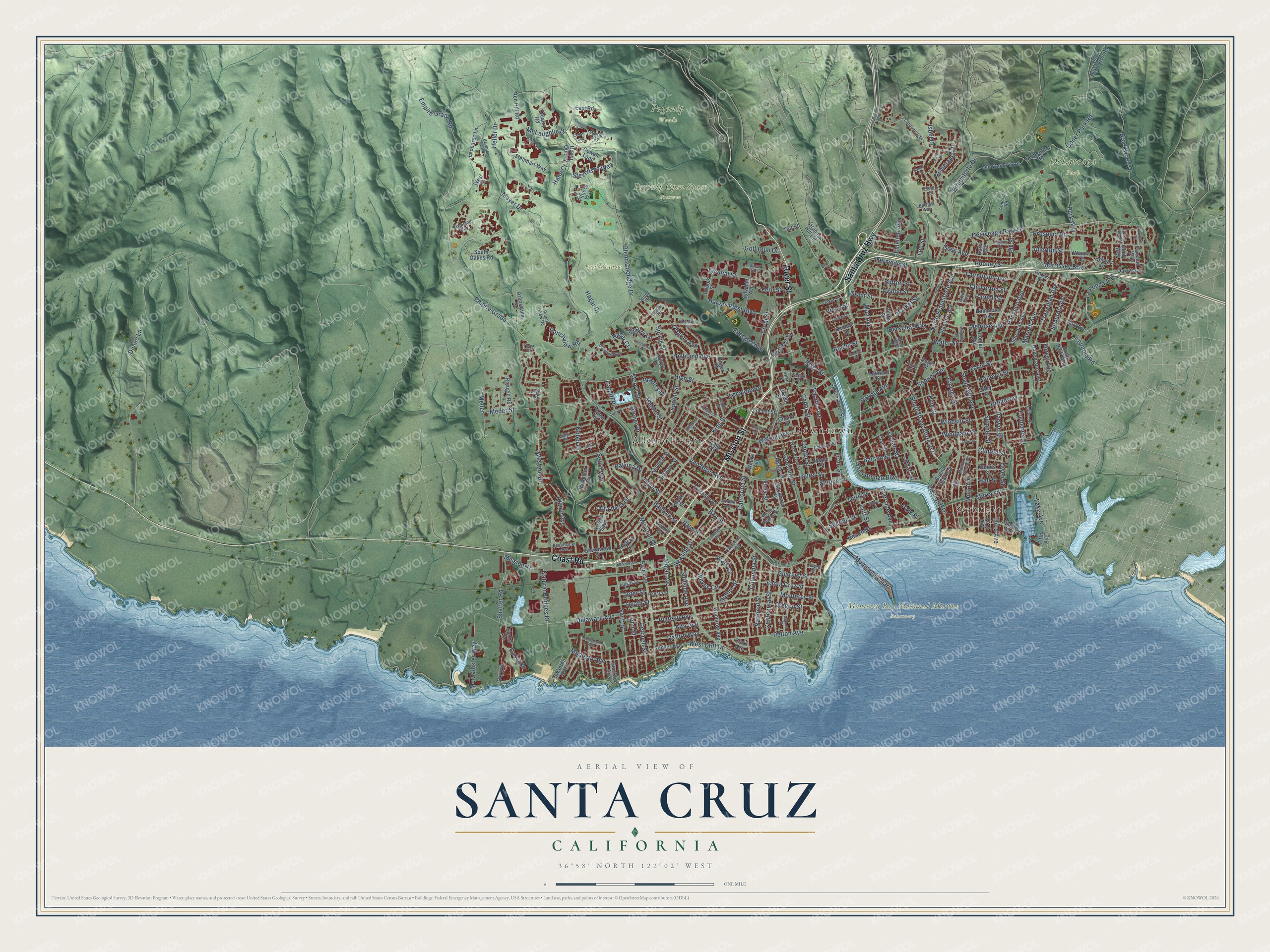 Full map of Santa Cruz, California, with red buildings, printed street names and the land around them
