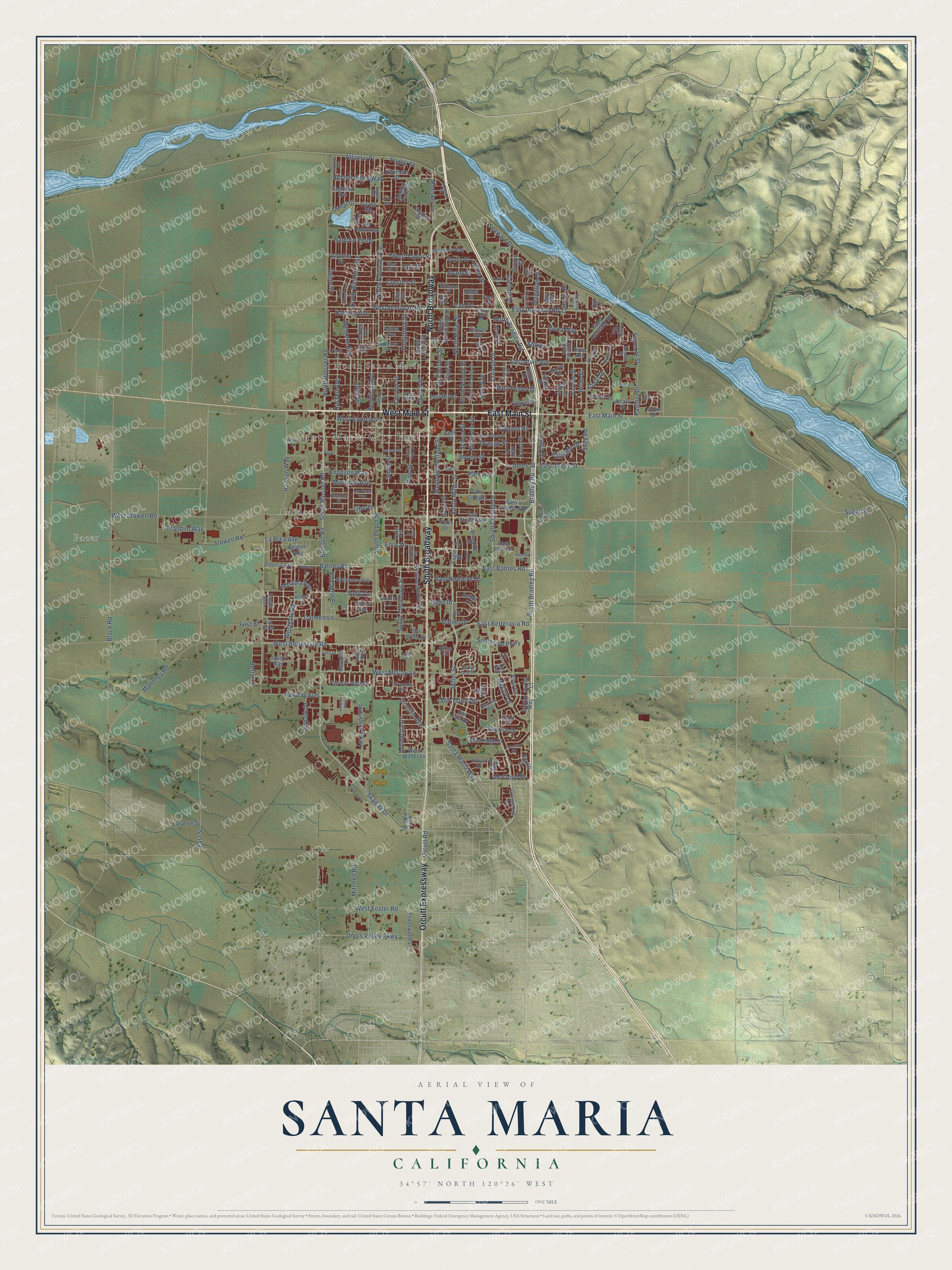 Full map of Santa Maria, California, with red buildings, printed street names and the land around them