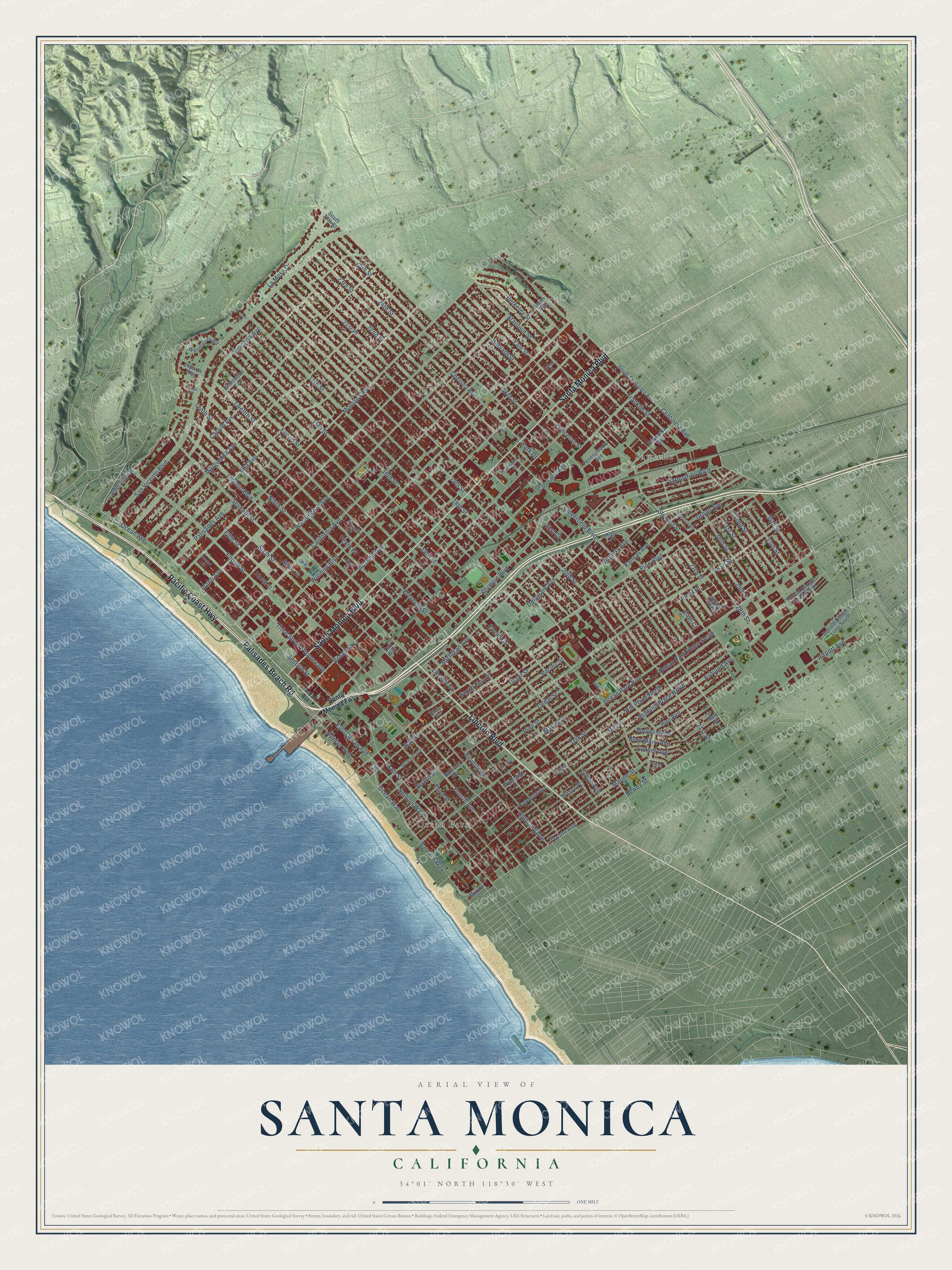Full map of Santa Monica, California, with red buildings, printed street names and the land around them