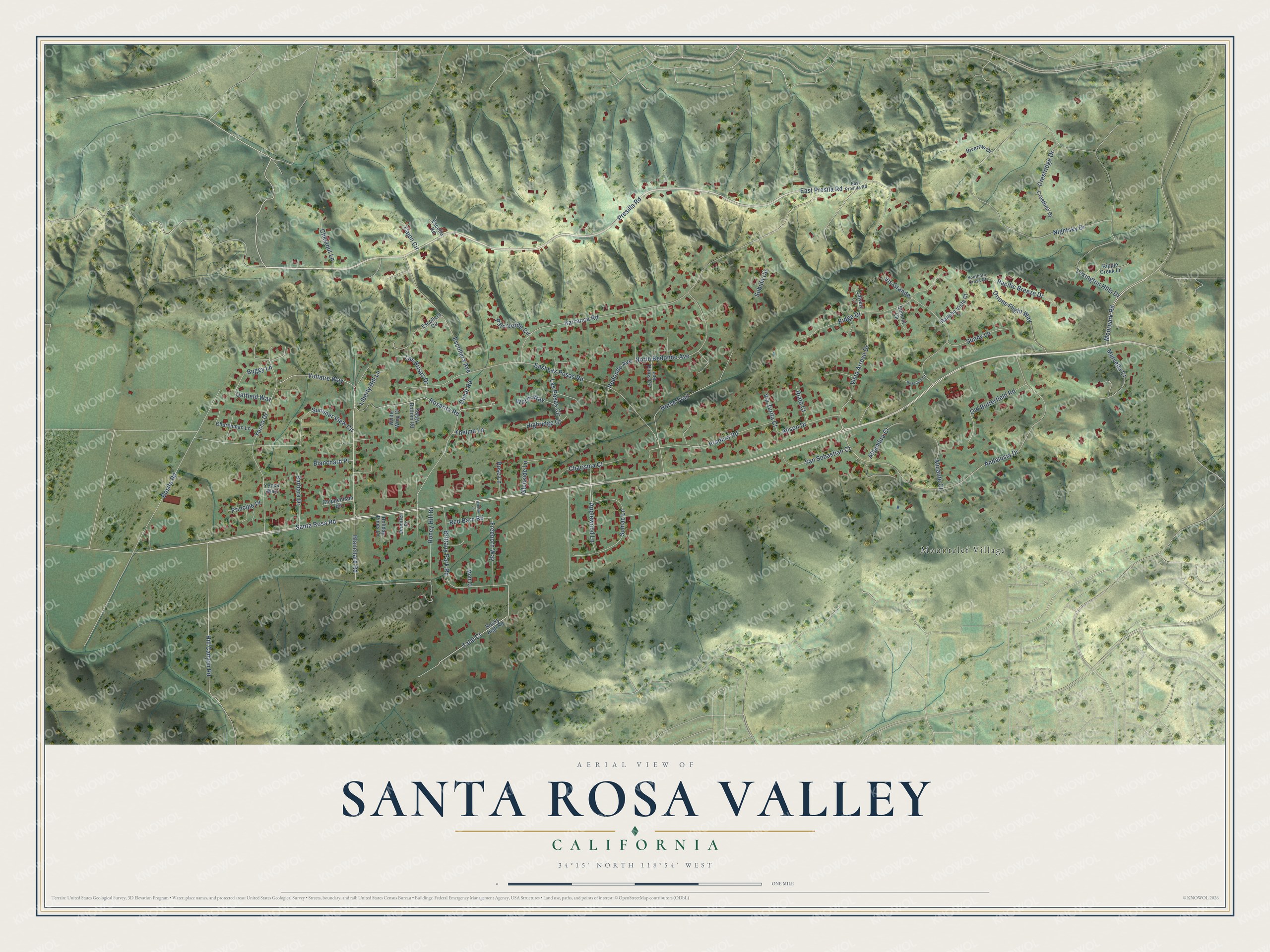 Full map of Santa Rosa Valley, California, with red buildings, printed street names and the land around them