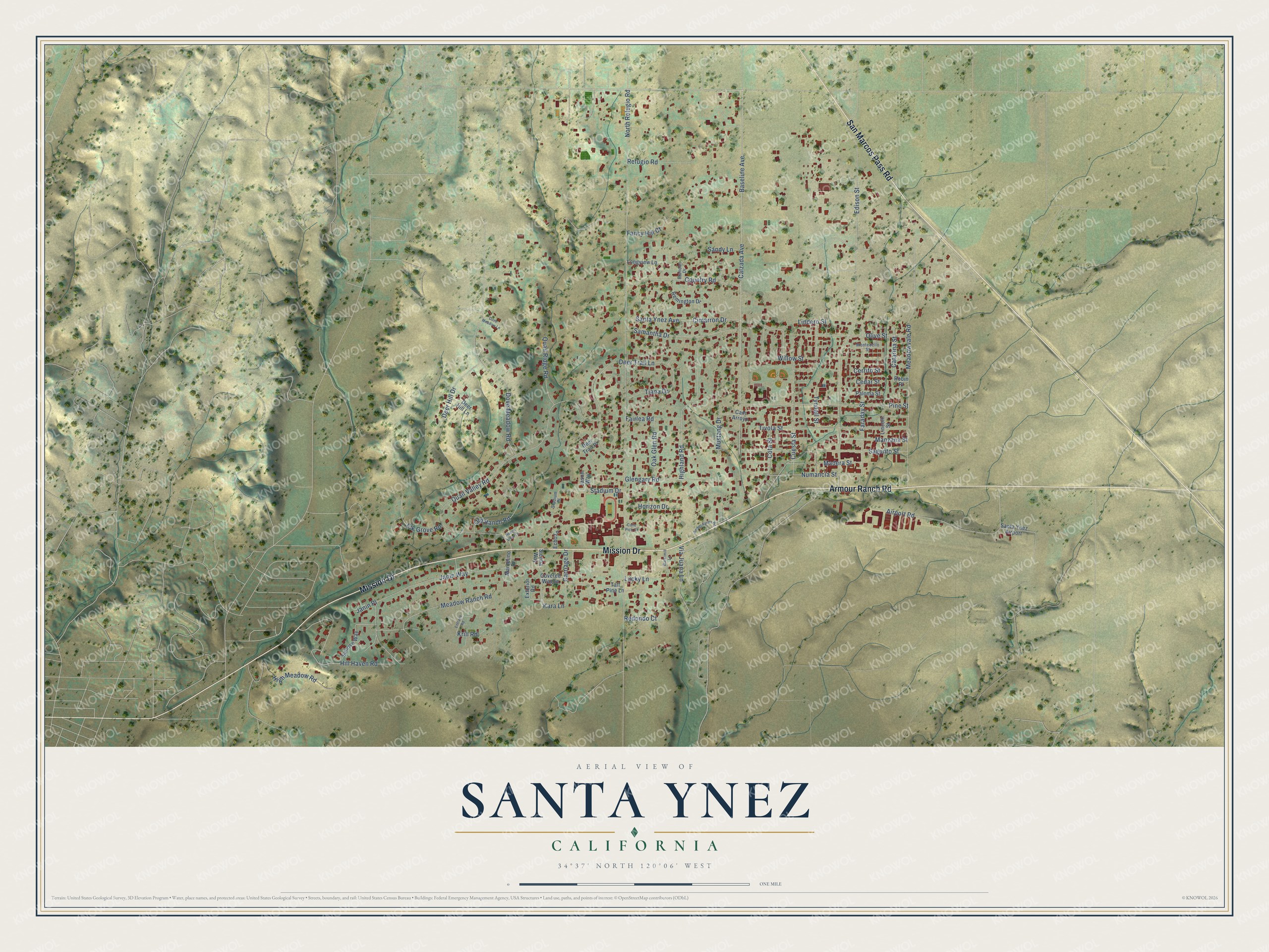 Full map of Santa Ynez, California, with red buildings, printed street names and the land around them