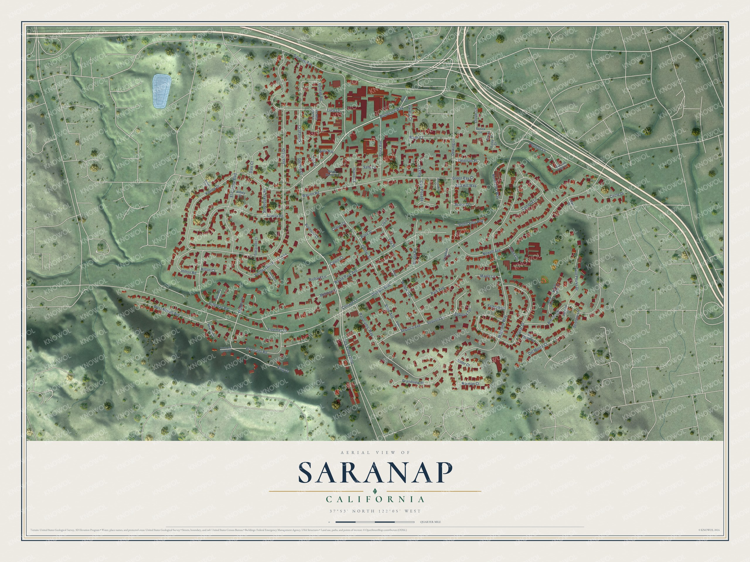 Full map of Saranap, California, with red buildings, printed street names and the land around them