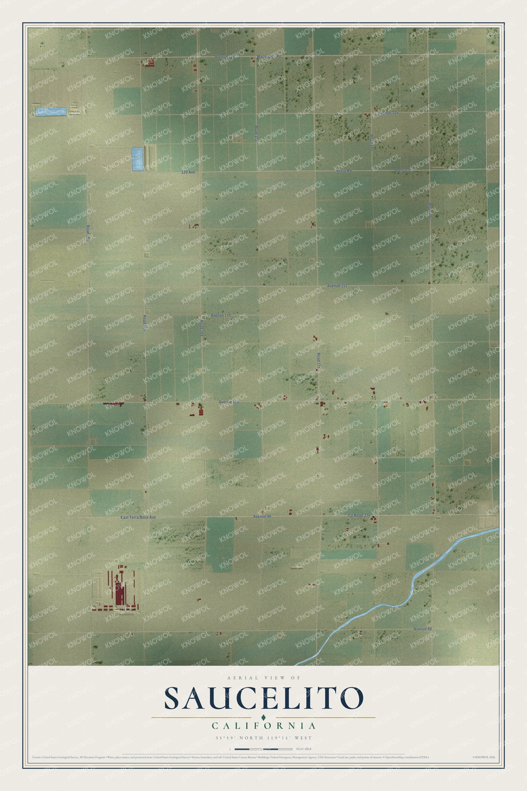Full map of Saucelito, California, with red buildings, printed street names and the land around them