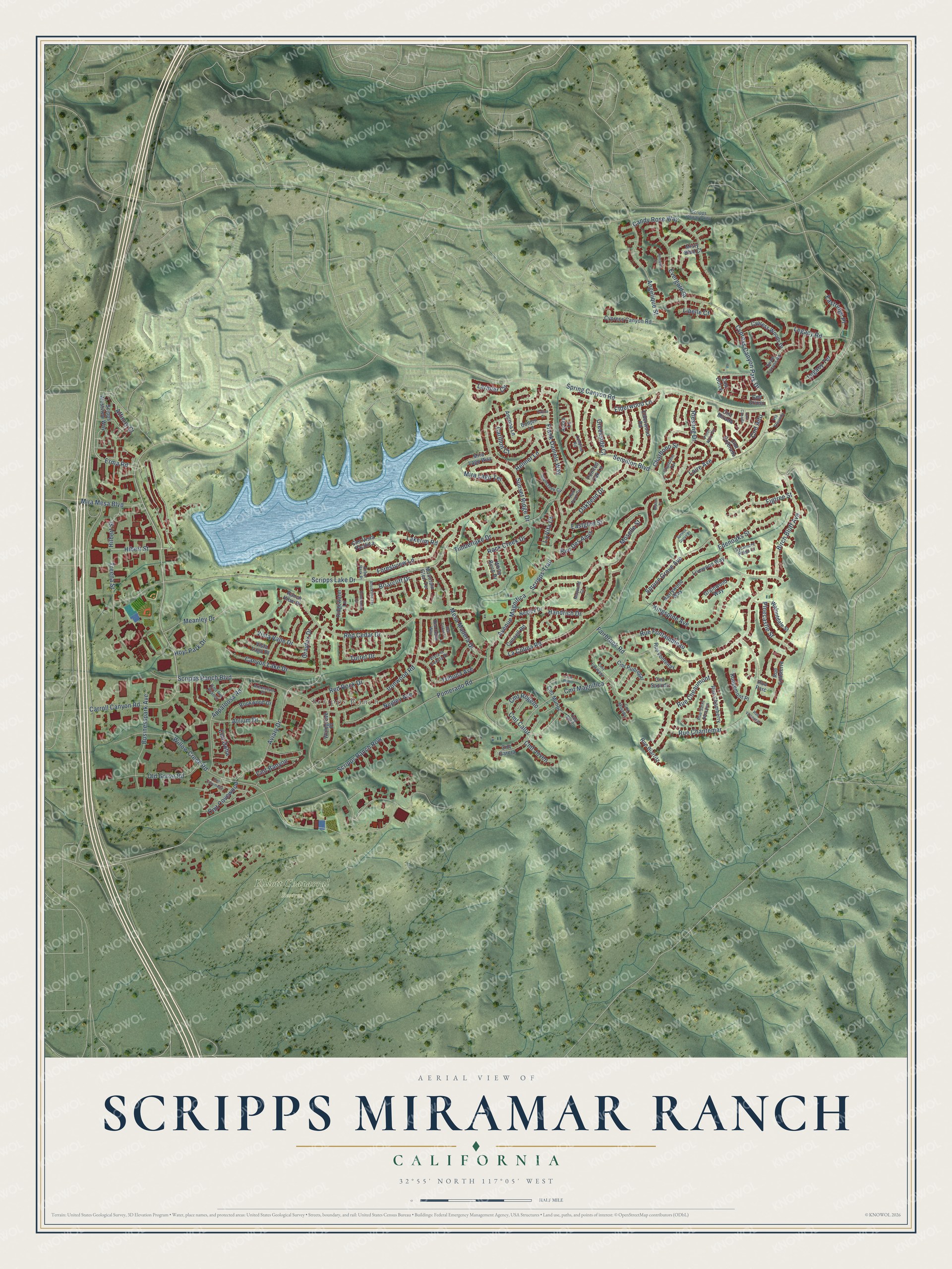 Full map of Scripps Miramar Ranch, California, with red buildings, printed street names and the land around them