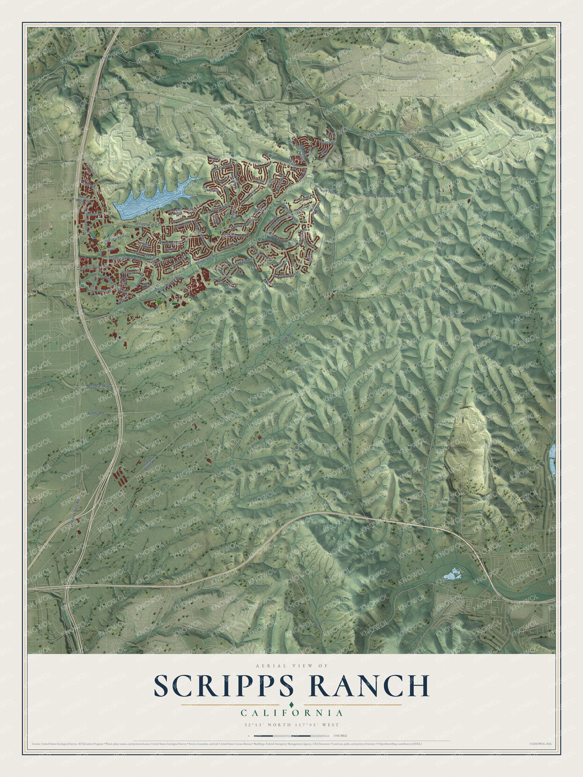 Full map of Scripps Ranch, California, with red buildings, printed street names and the land around them