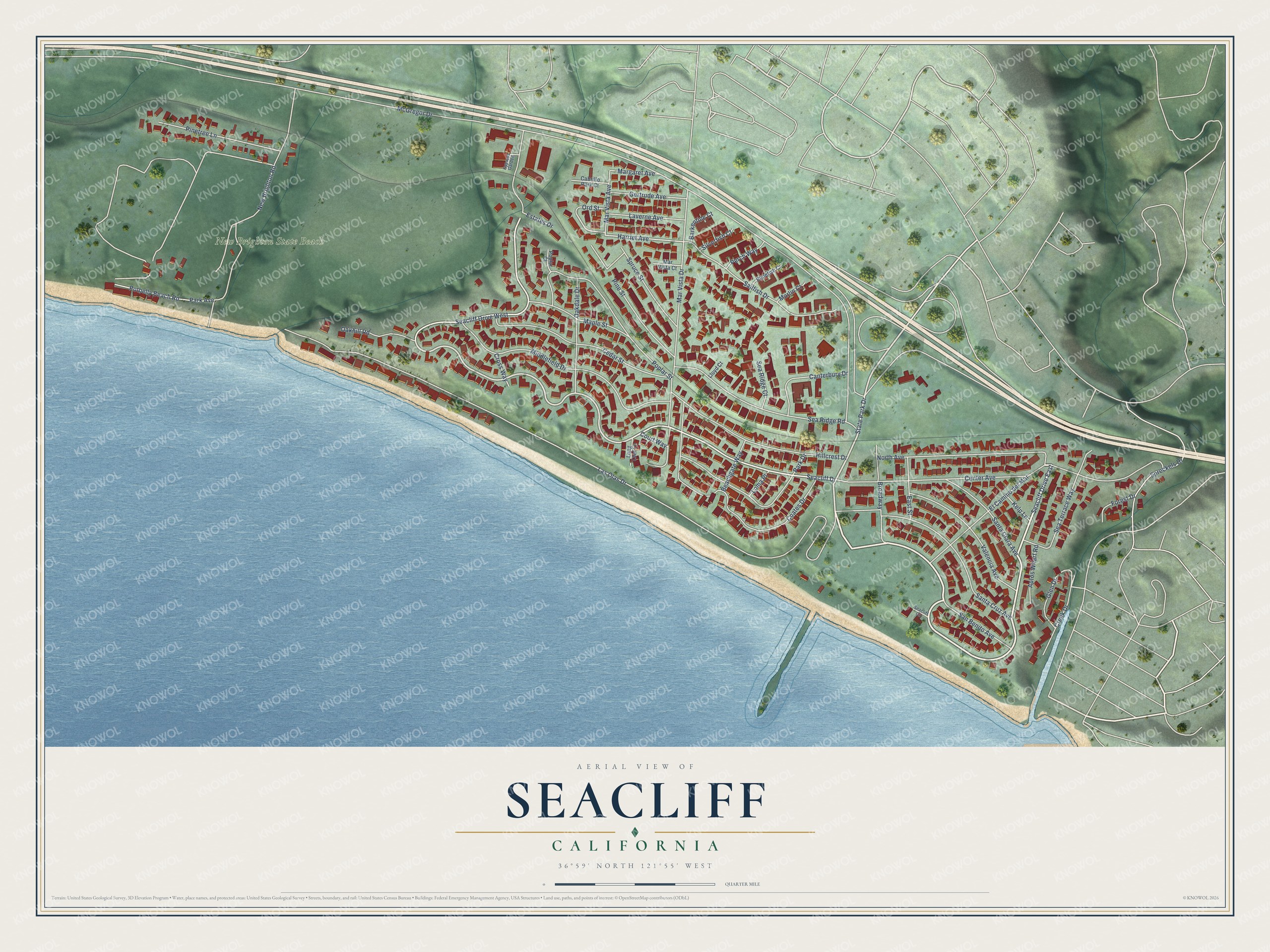 Full map of Seacliff, California, with red buildings, printed street names and the land around them