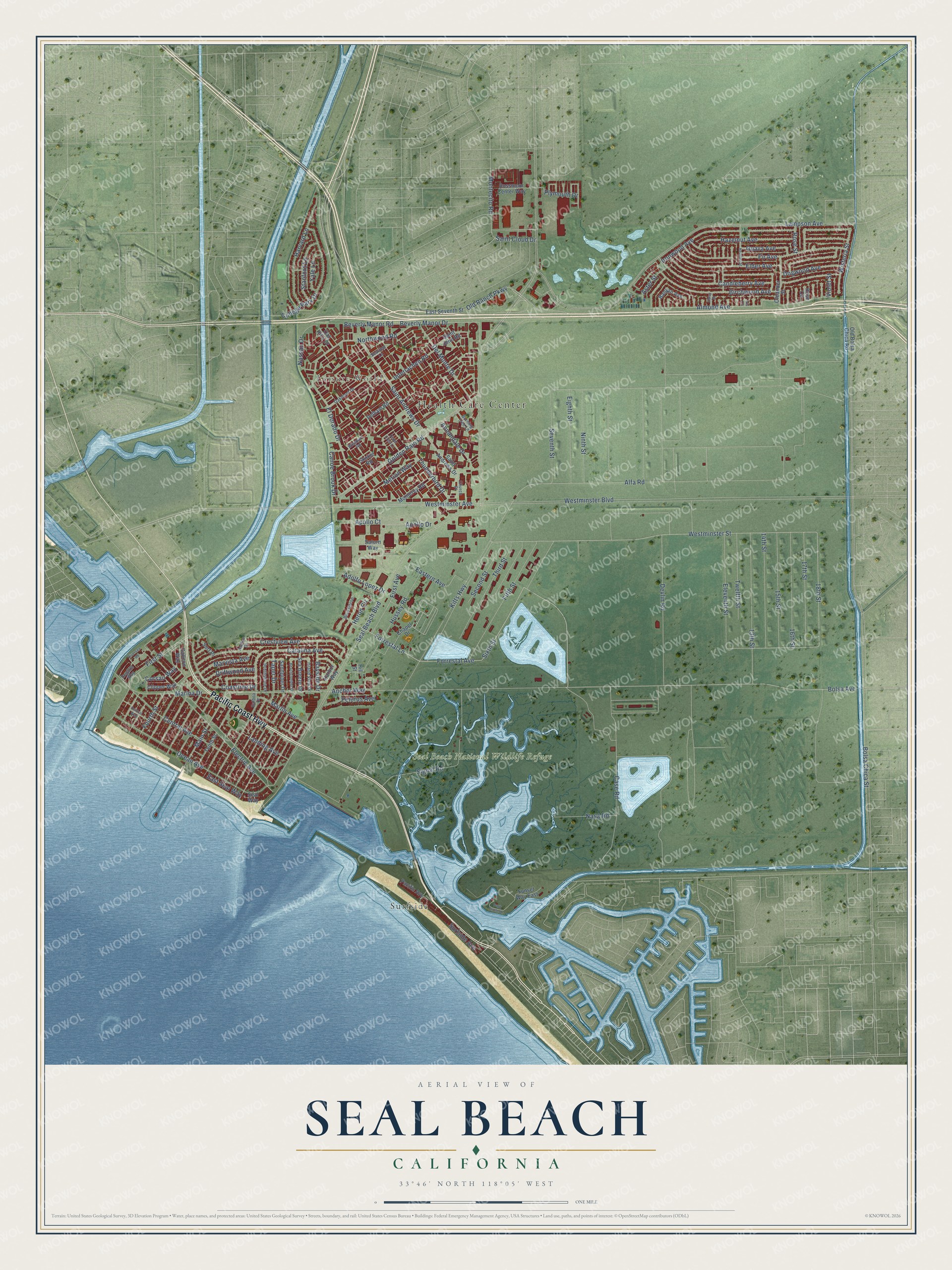 Full map of Seal Beach, California, with red buildings, printed street names and the land around them