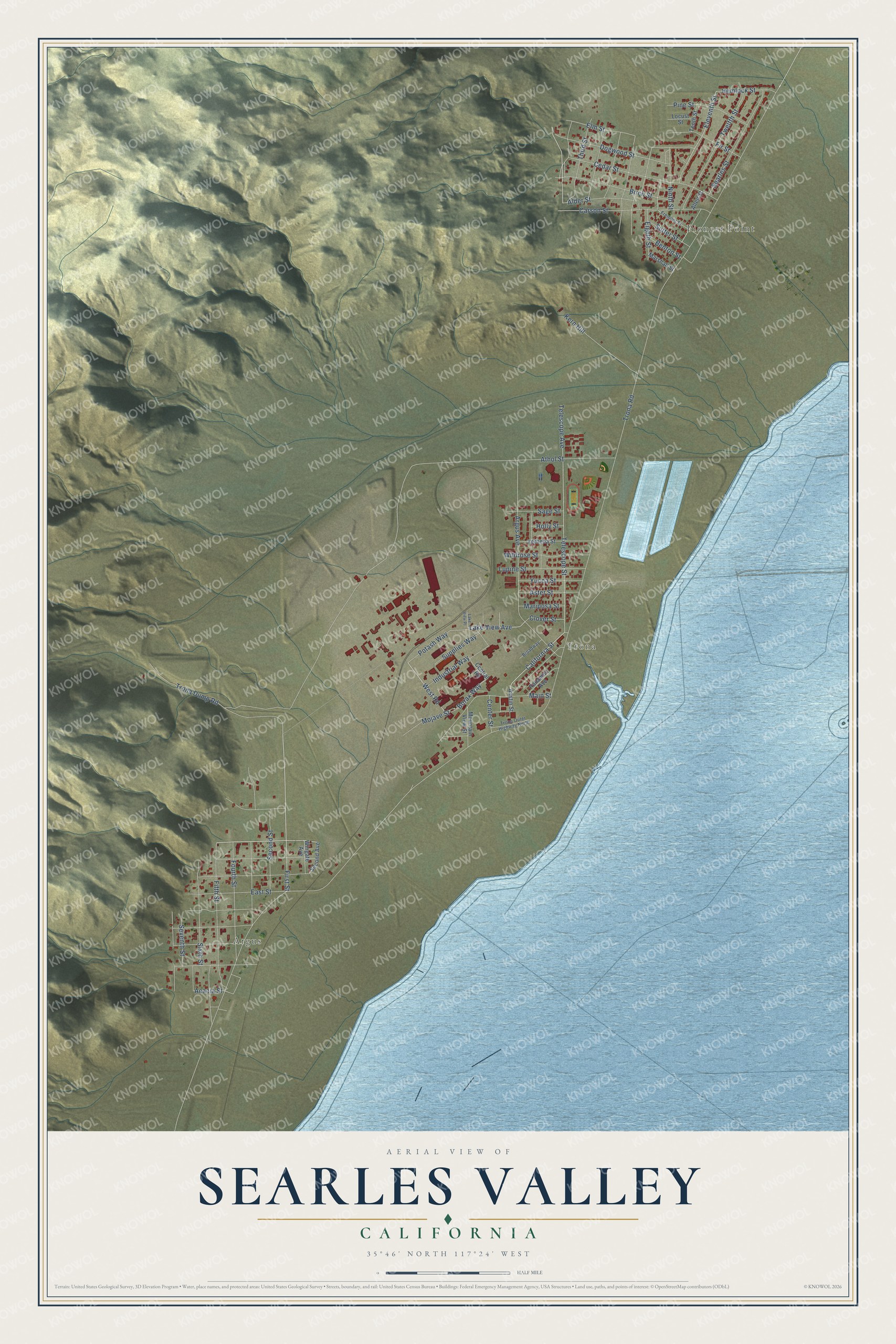 Full map of Searles Valley, California, with red buildings, printed street names and the land around them
