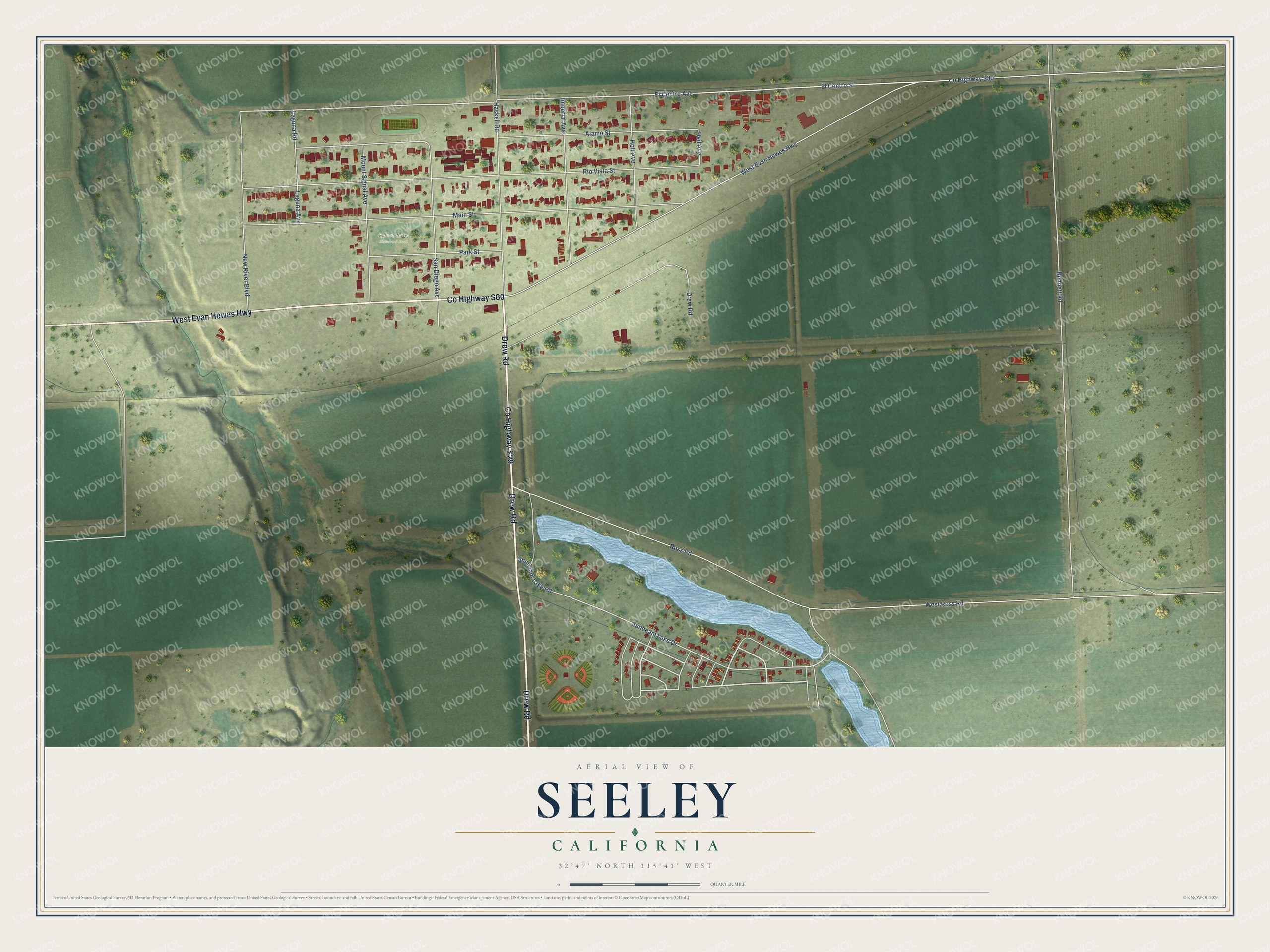 Full map of Seeley, California, with red buildings, printed street names and the land around them