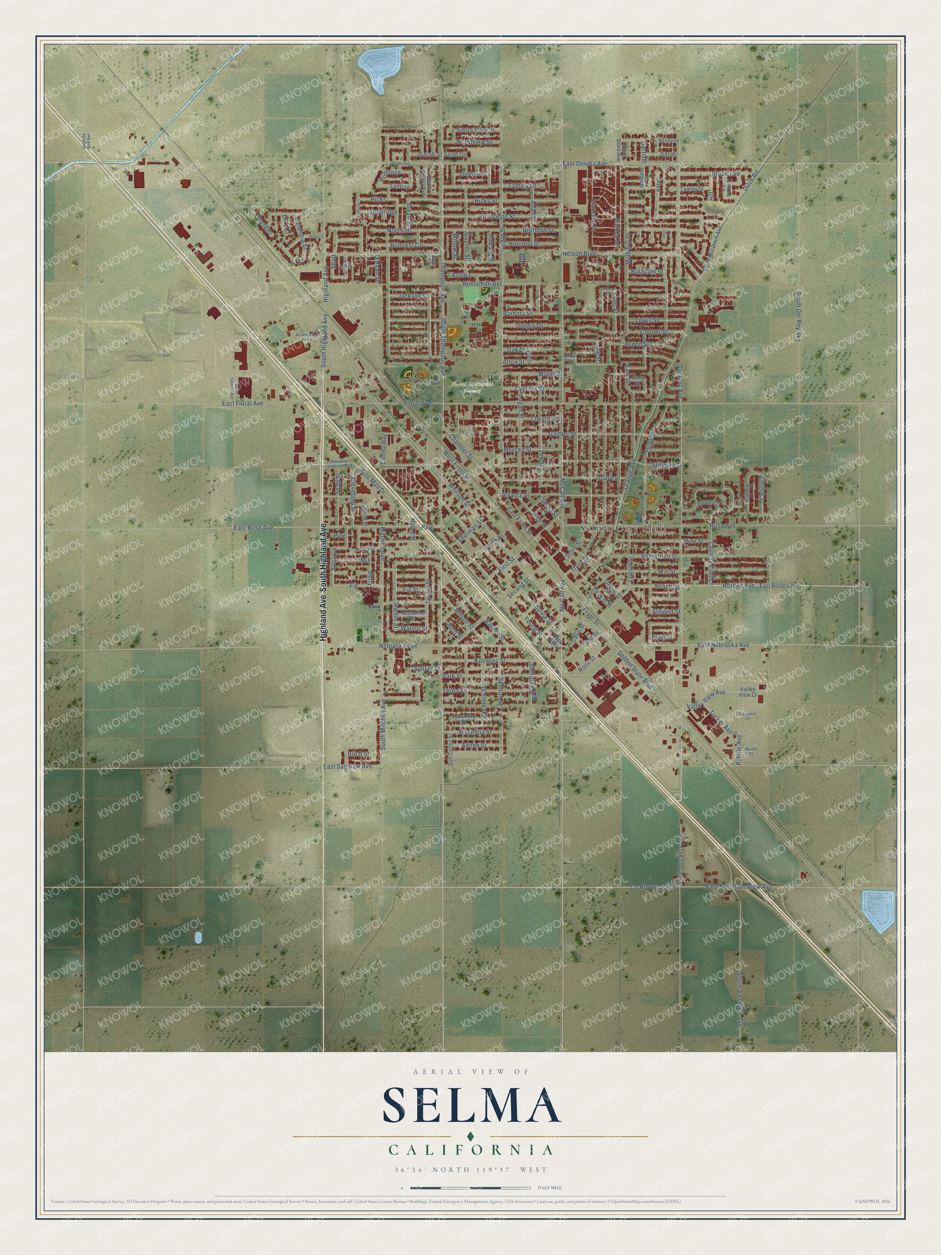 Full map of Selma, California, with red buildings, printed street names and the land around them