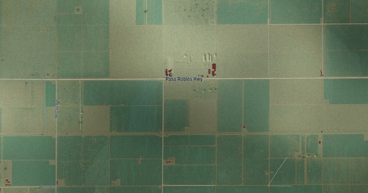 Close-up of streets and buildings in Semitropic, California