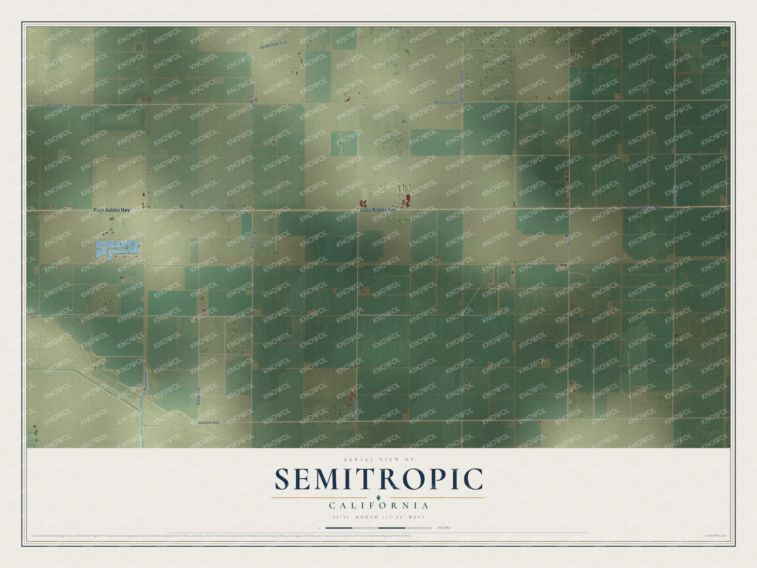 Full map of Semitropic, California, with red buildings, printed street names and the land around them