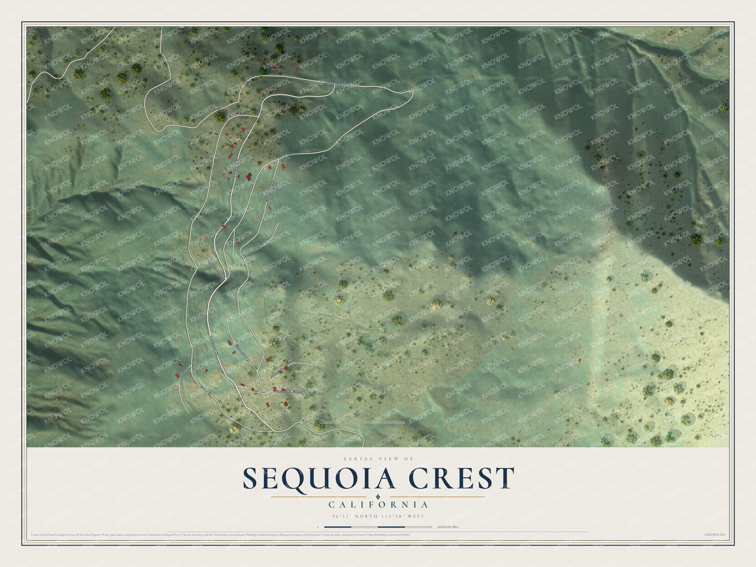 Full map of Sequoia Crest, California, with red buildings, printed street names and the land around them
