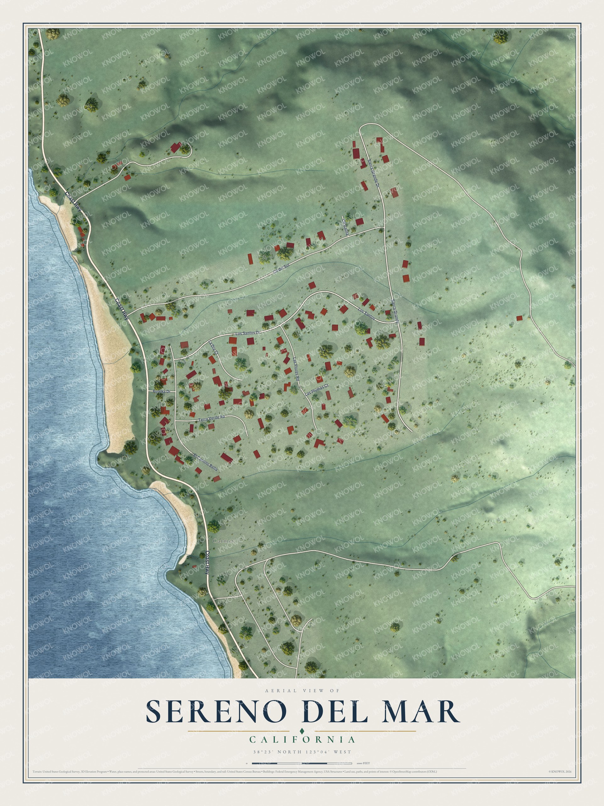 Full map of Sereno del Mar, California, with red buildings, printed street names and the land around them