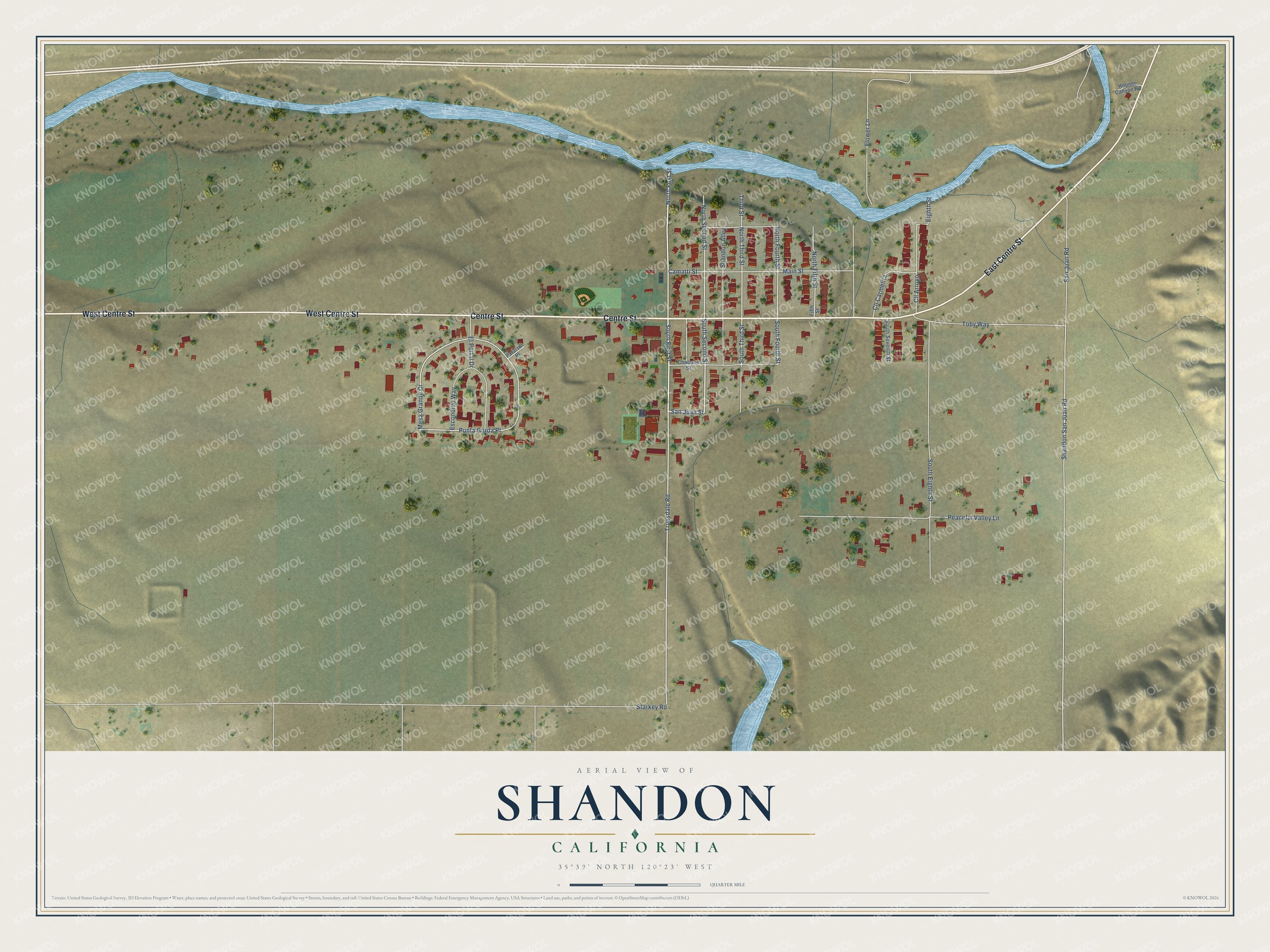 Full map of Shandon, California, with red buildings, printed street names and the land around them