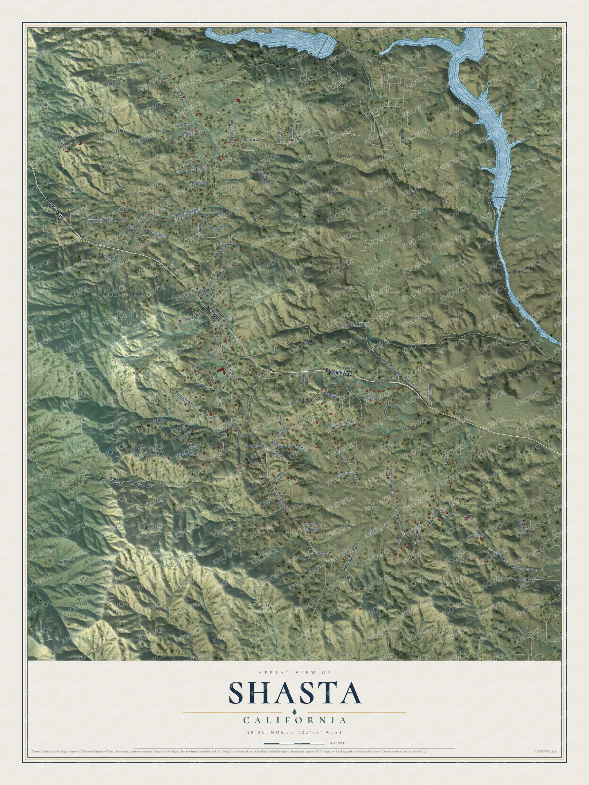 Full map of Shasta, California, with red buildings, printed street names and the land around them