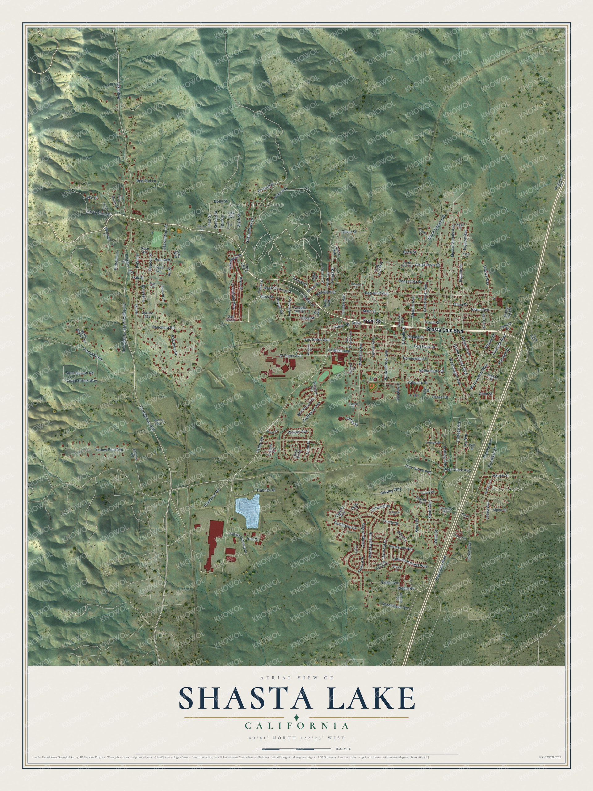 Full map of Shasta Lake, California, with red buildings, printed street names and the land around them