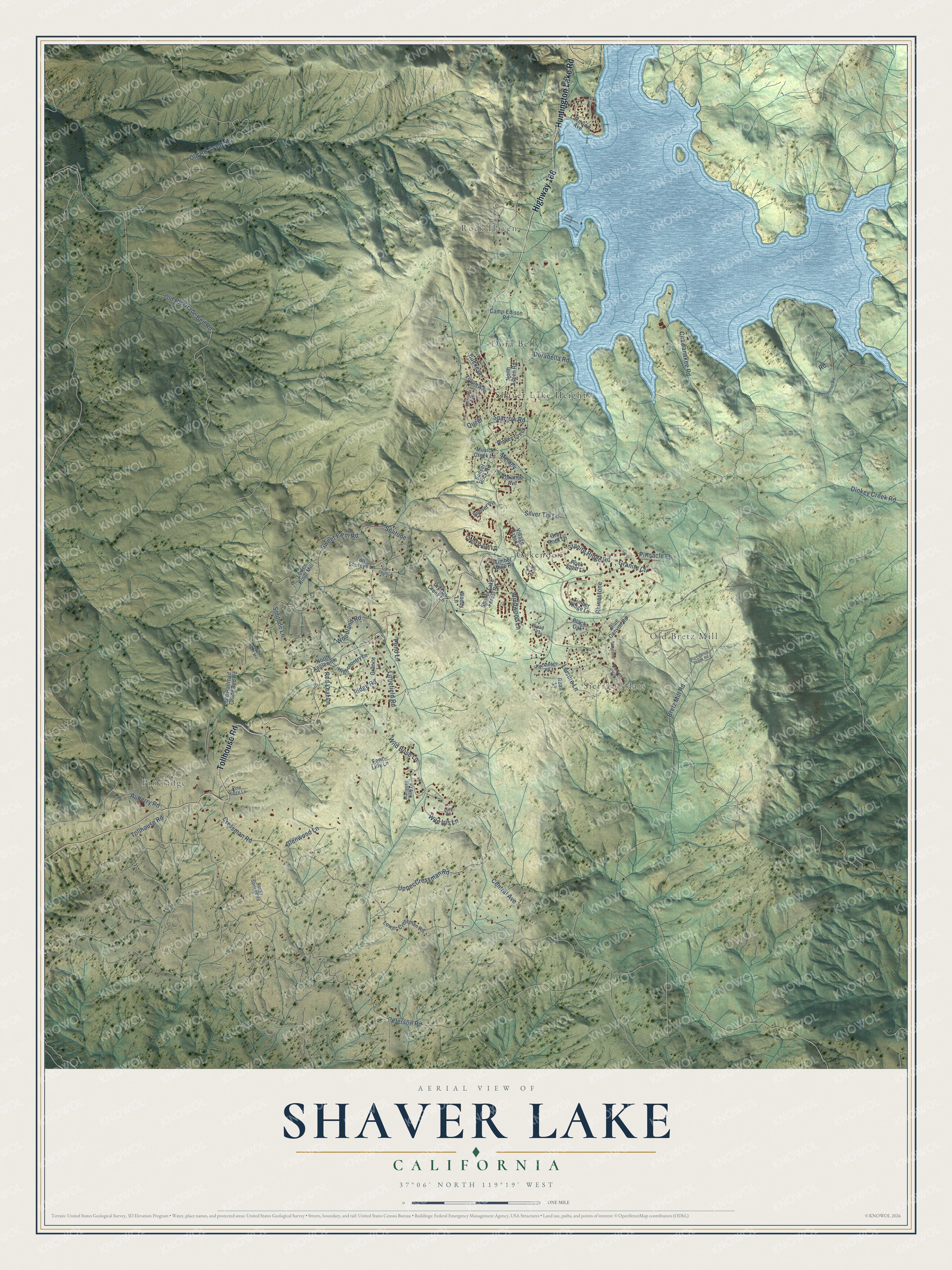 Full map of Shaver Lake, California, with red buildings, printed street names and the land around them
