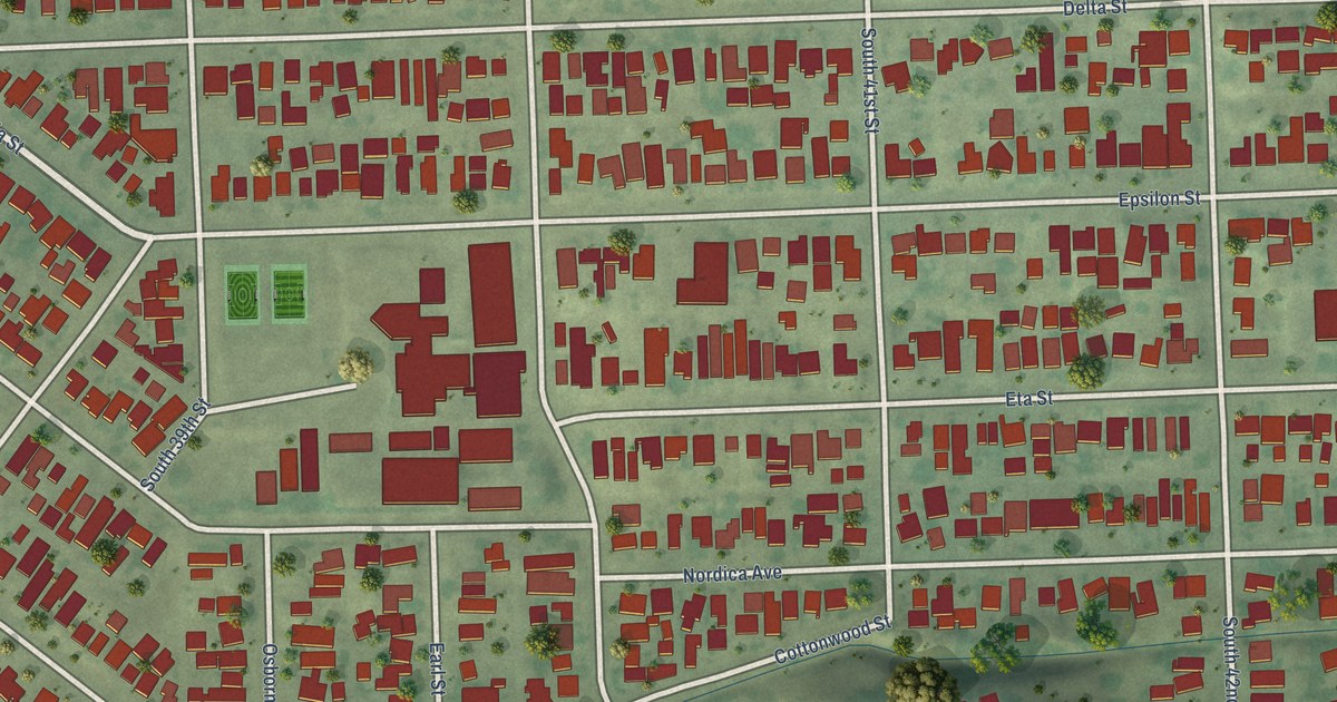Close-up of streets and buildings in Shelltown, California