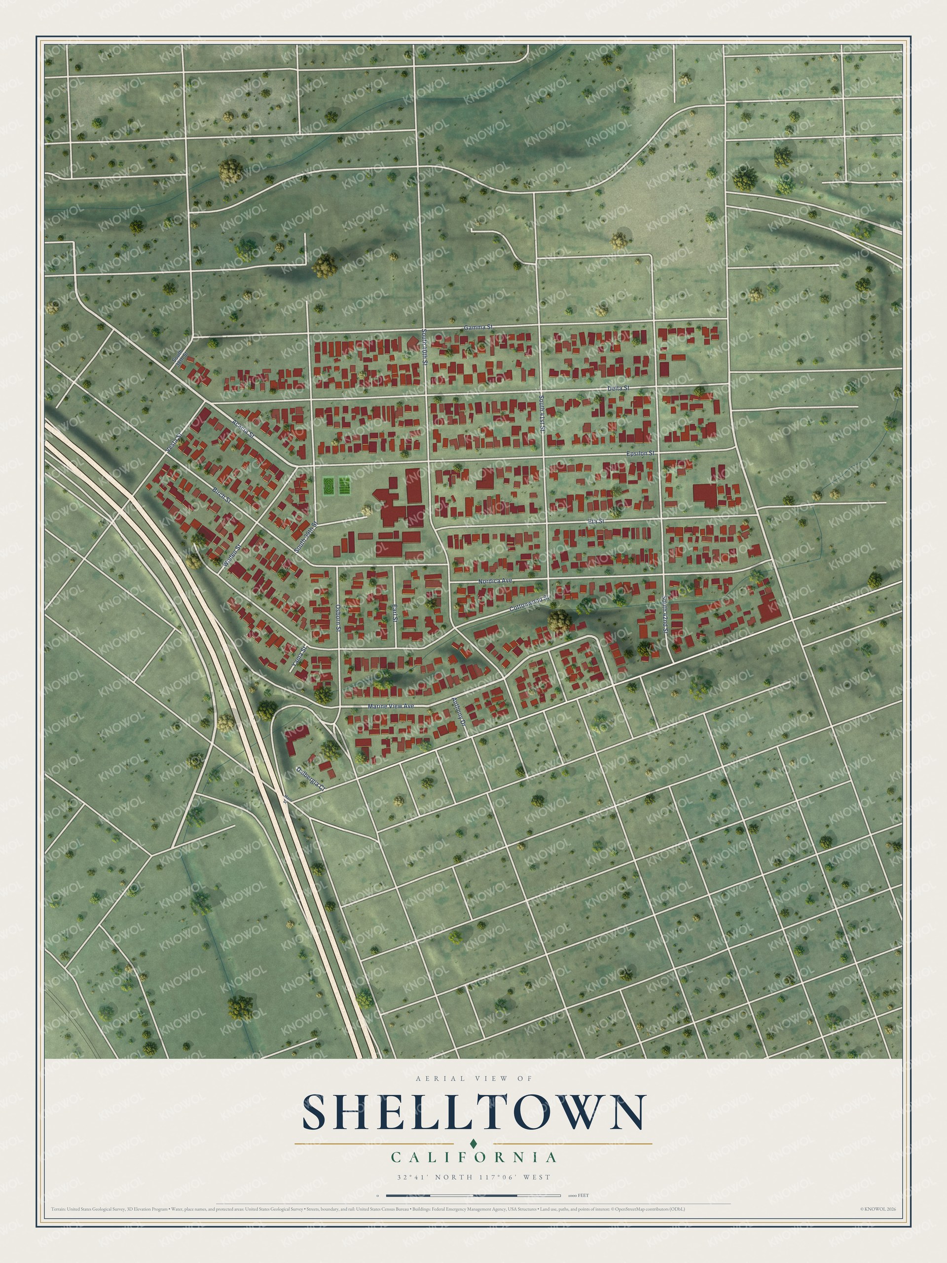 Full map of Shelltown, California, with red buildings, printed street names and the land around them
