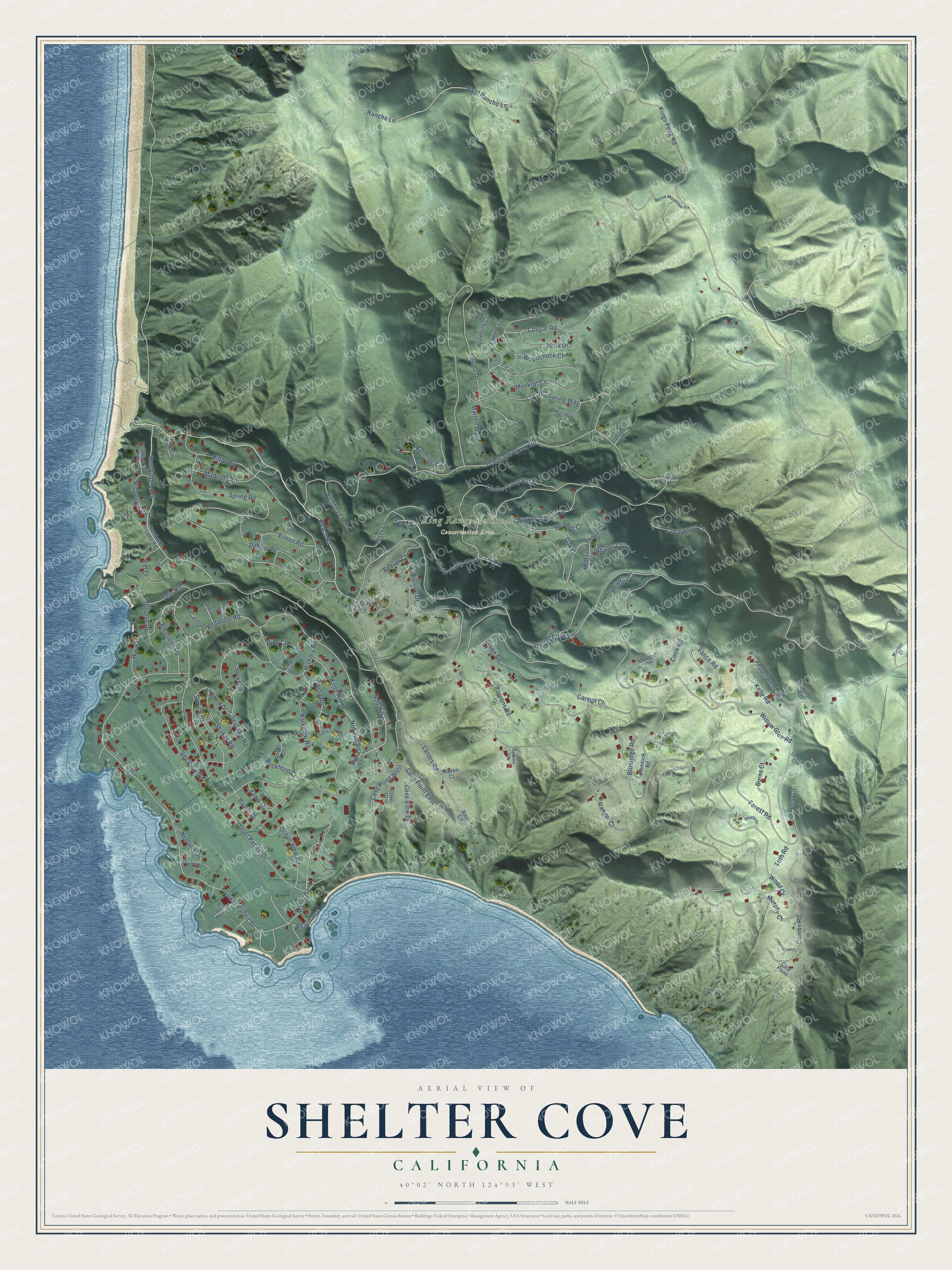 Full map of Shelter Cove, California, with red buildings, printed street names and the land around them