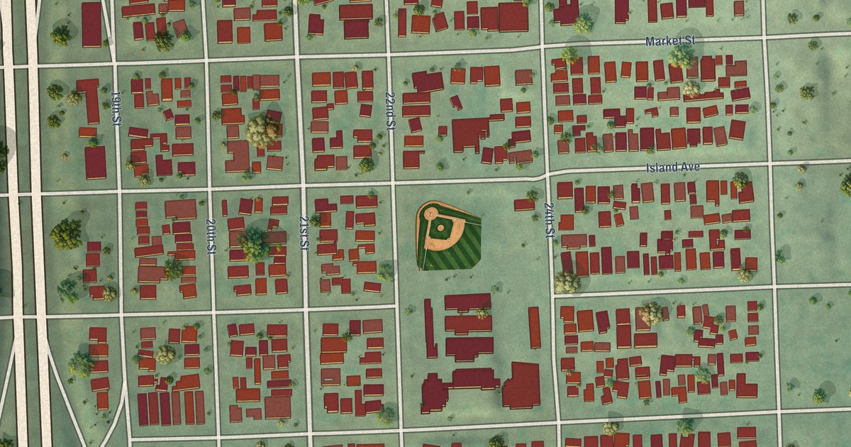 Close-up of streets and buildings in Sherman Heights, California