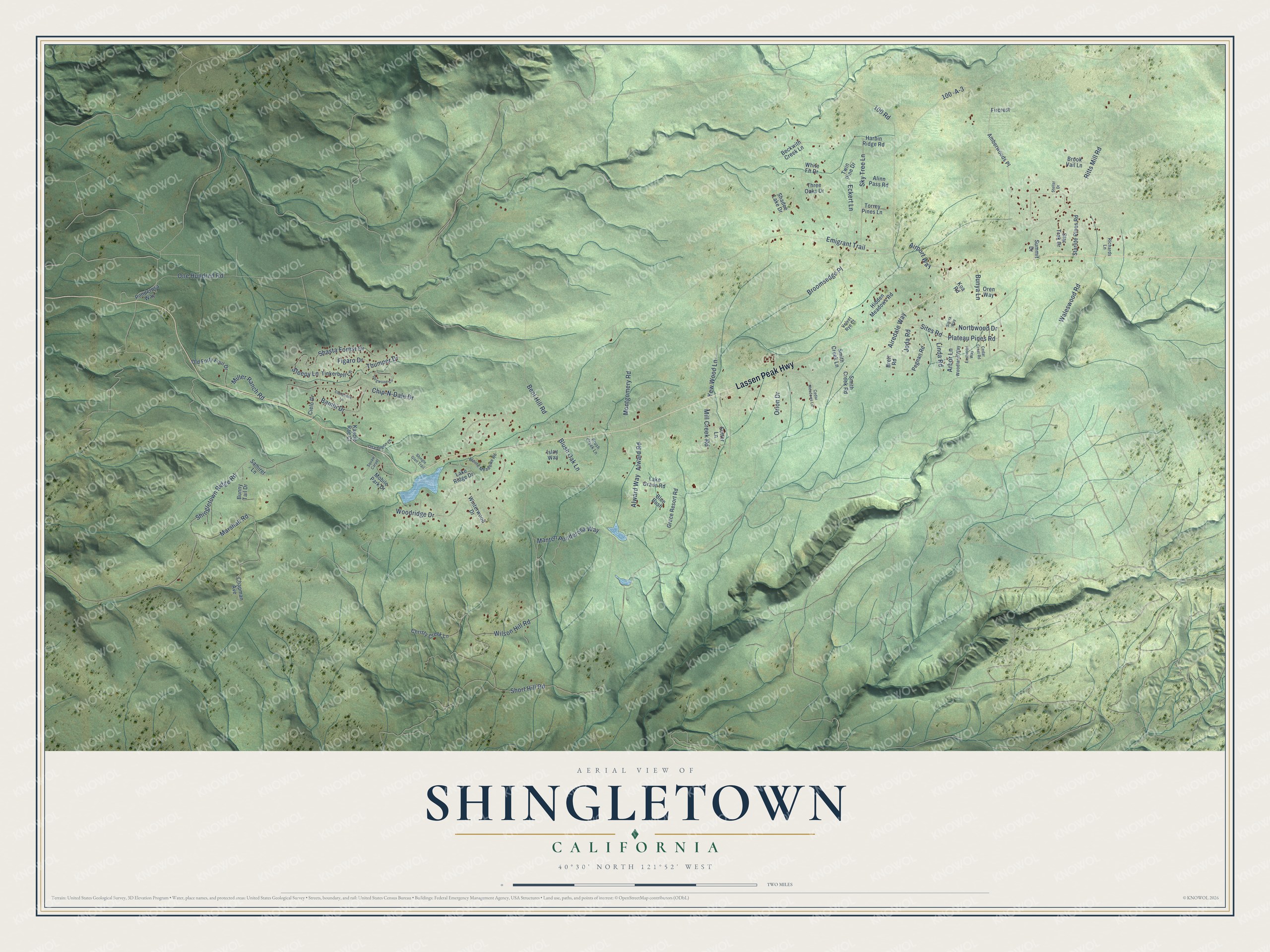 Full map of Shingletown, California, with red buildings, printed street names and the land around them