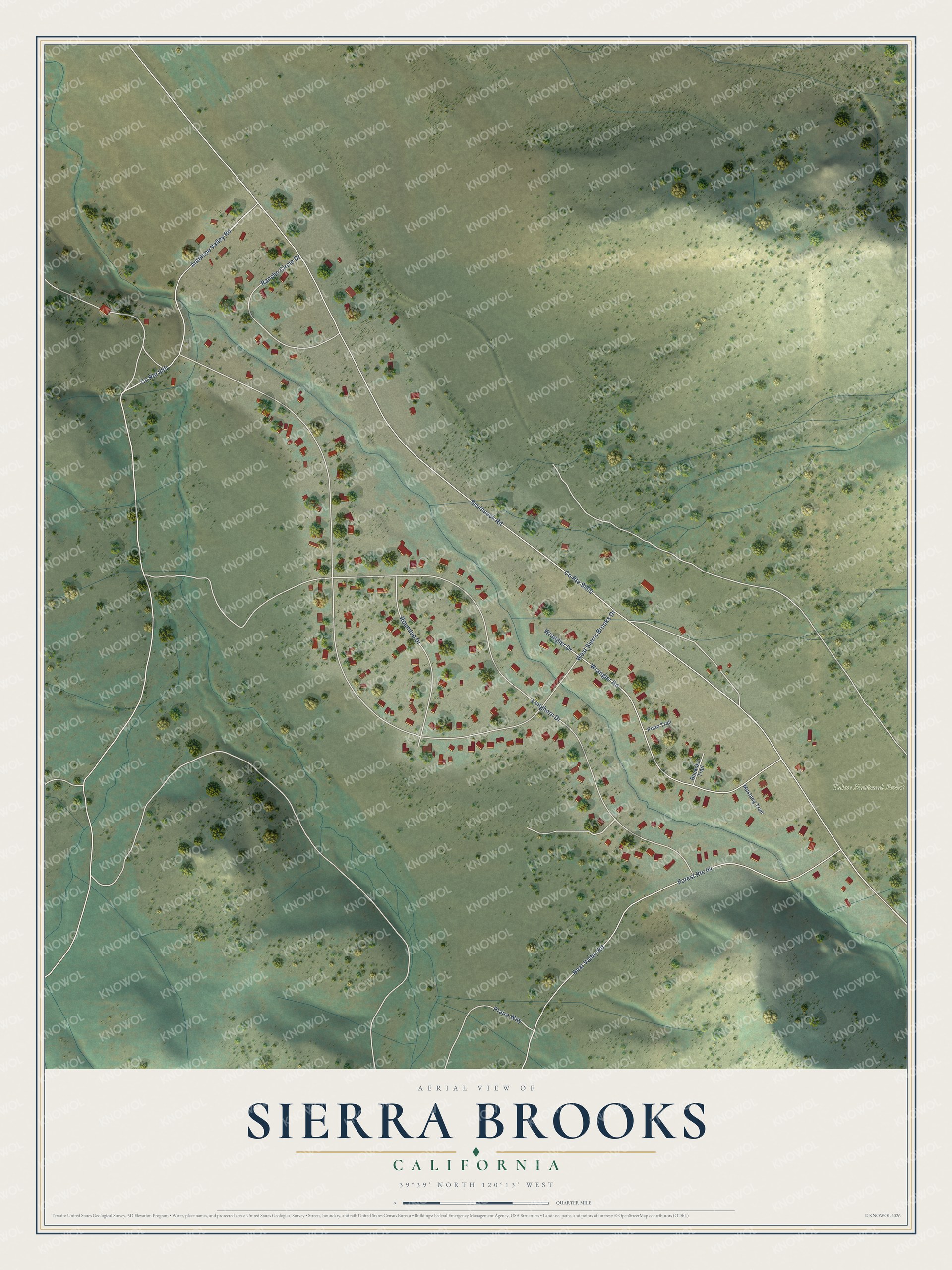 Full map of Sierra Brooks, California, with red buildings, printed street names and the land around them
