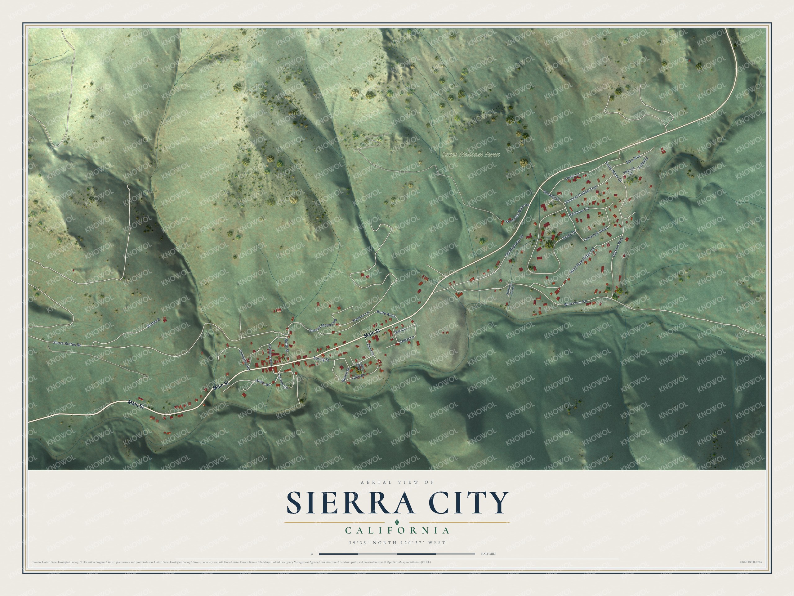 Full map of Sierra City, California, with red buildings, printed street names and the land around them