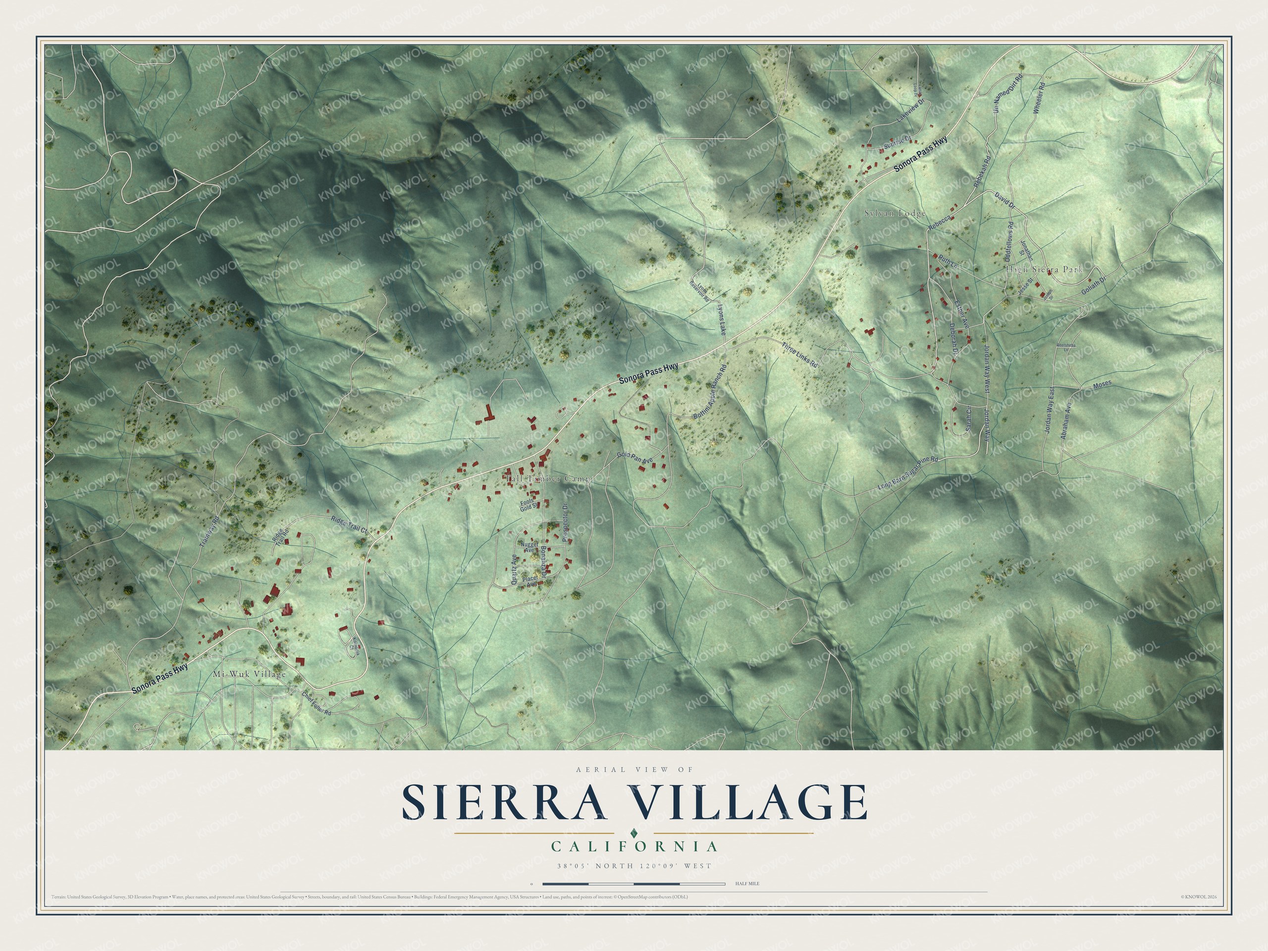 Full map of Sierra Village, California, with red buildings, printed street names and the land around them
