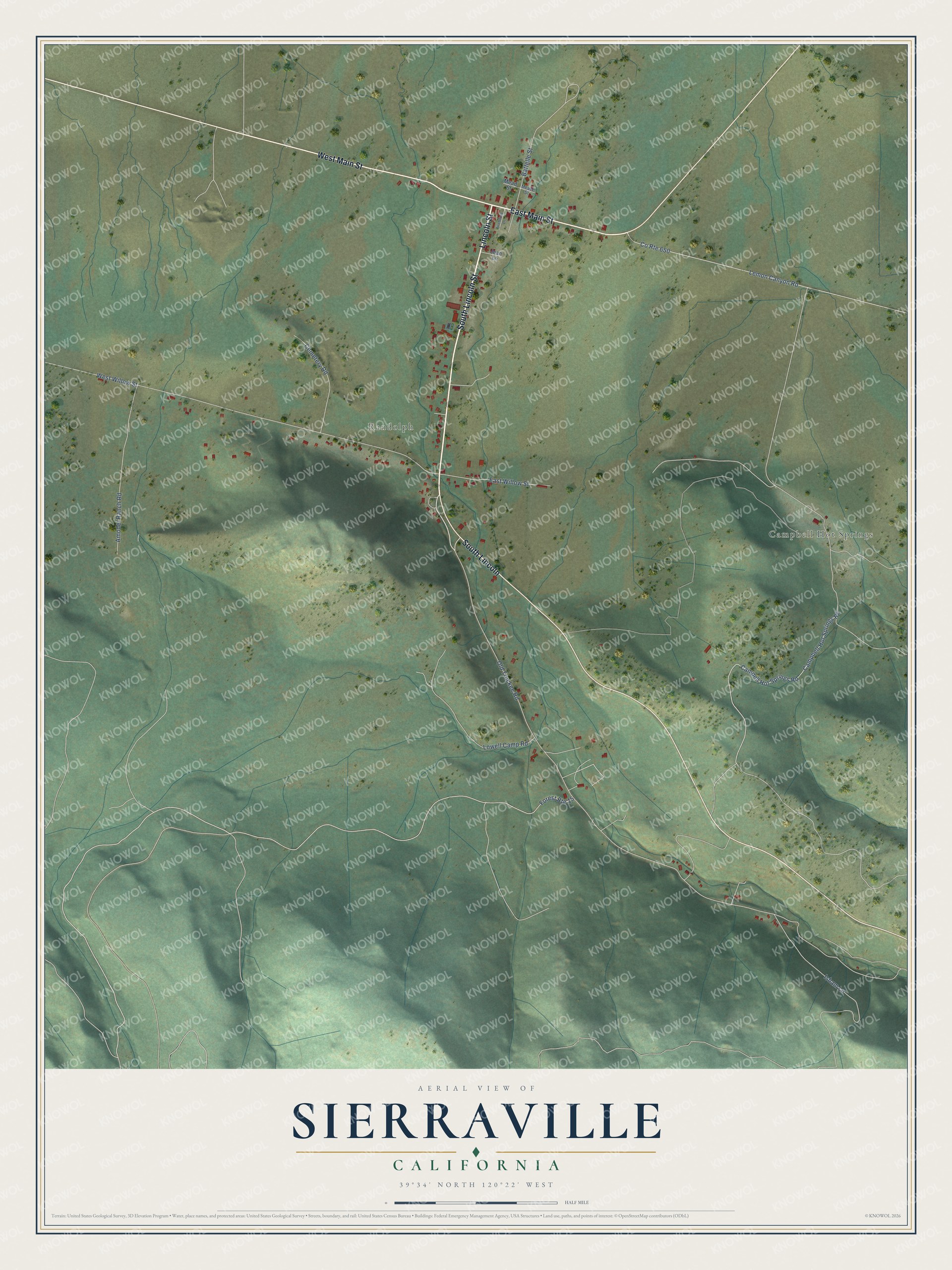Full map of Sierraville, California, with red buildings, printed street names and the land around them