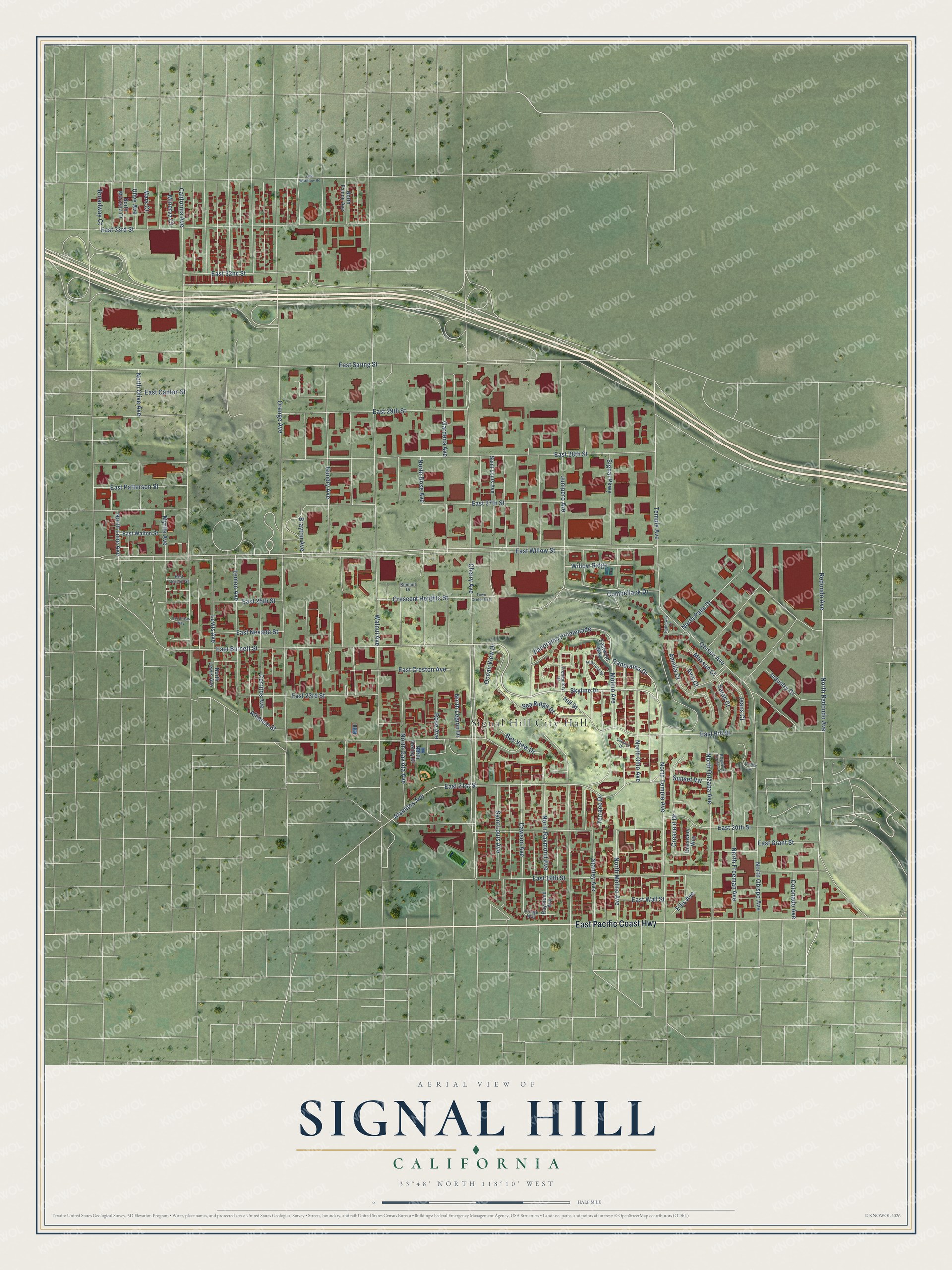 Full map of Signal Hill, California, with red buildings, printed street names and the land around them