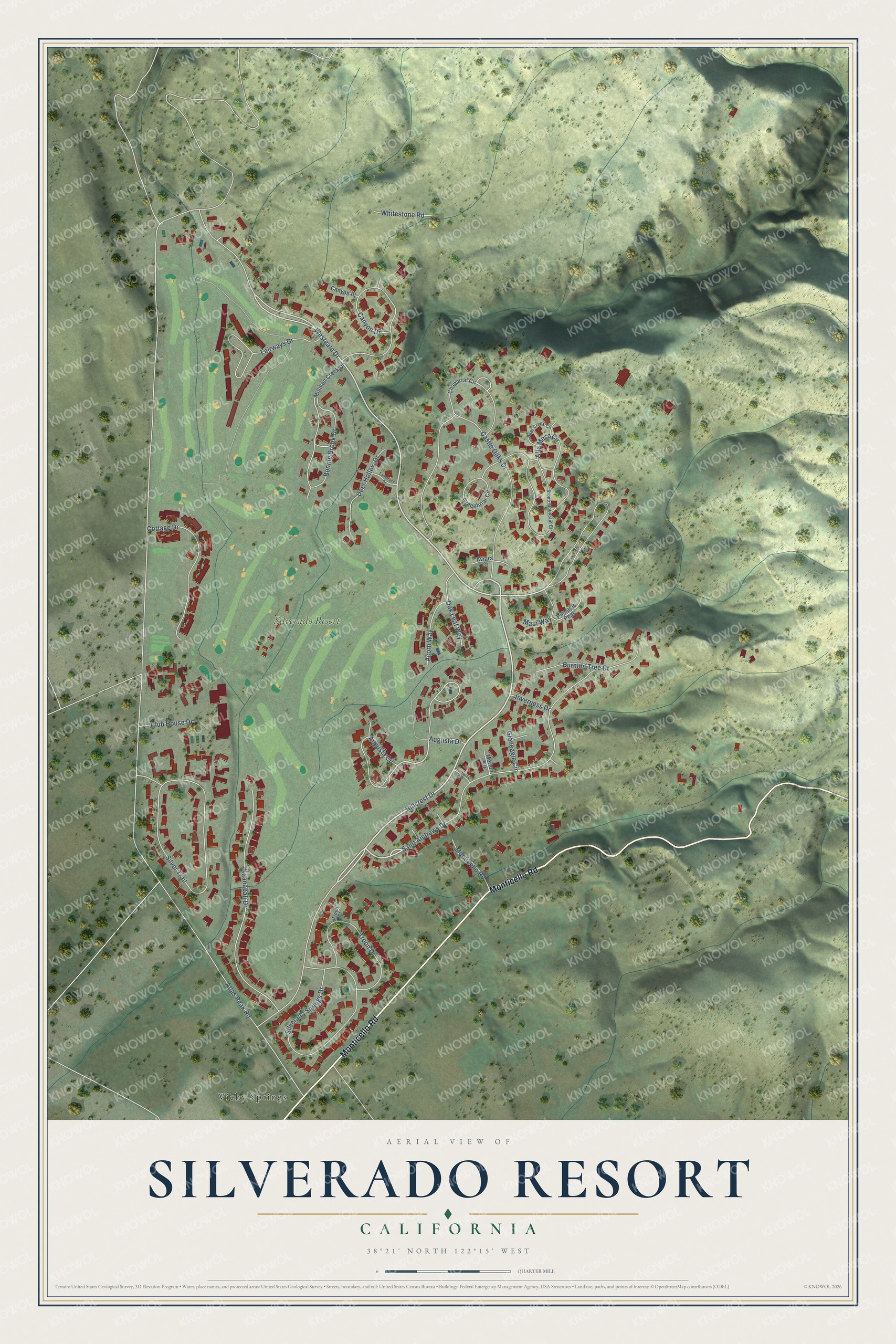 Full map of Silverado Resort, California, with red buildings, printed street names and the land around them