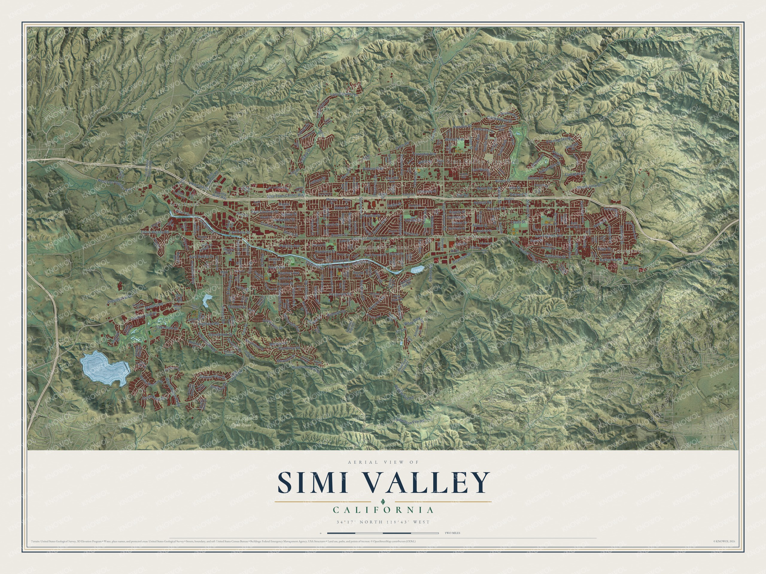 Full map of Simi Valley, California, with red buildings, printed street names and the land around them