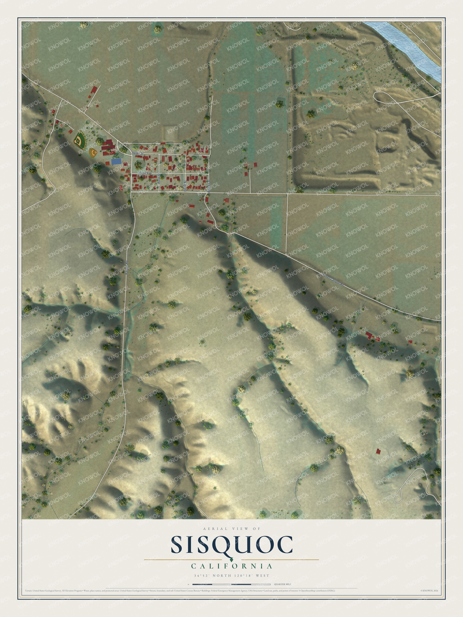 Full map of Sisquoc, California, with red buildings, printed street names and the land around them