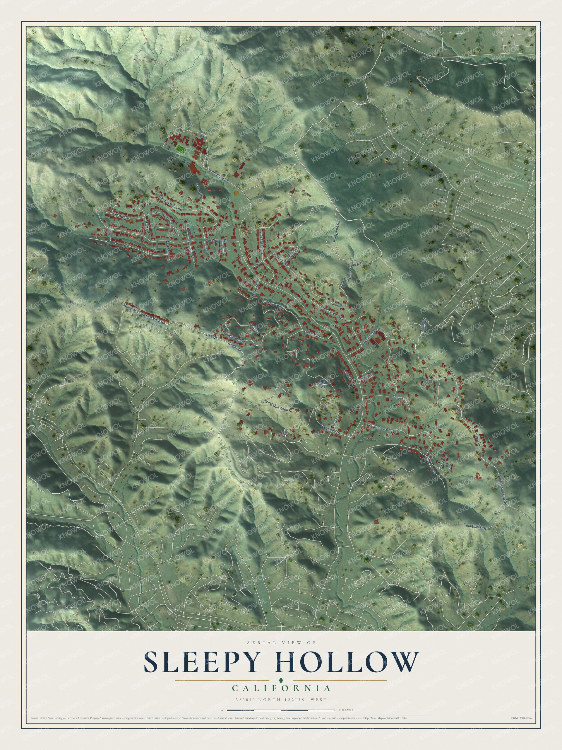 Full map of Sleepy Hollow, California, with red buildings, printed street names and the land around them