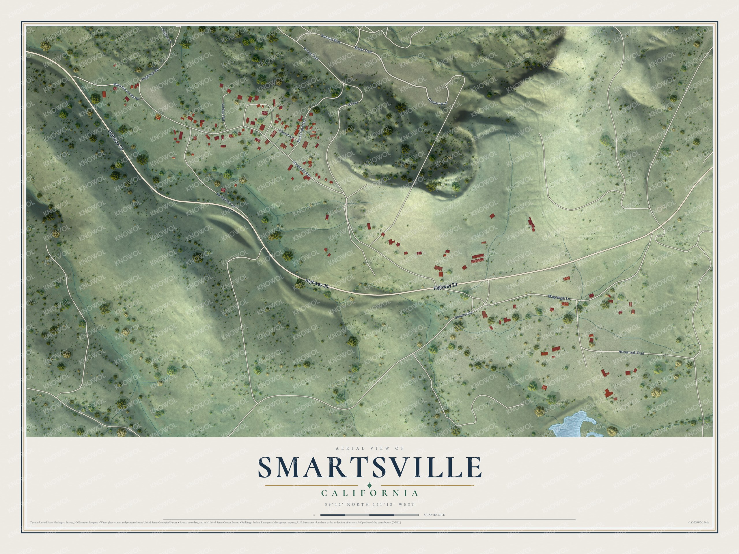 Full map of Smartsville, California, with red buildings, printed street names and the land around them