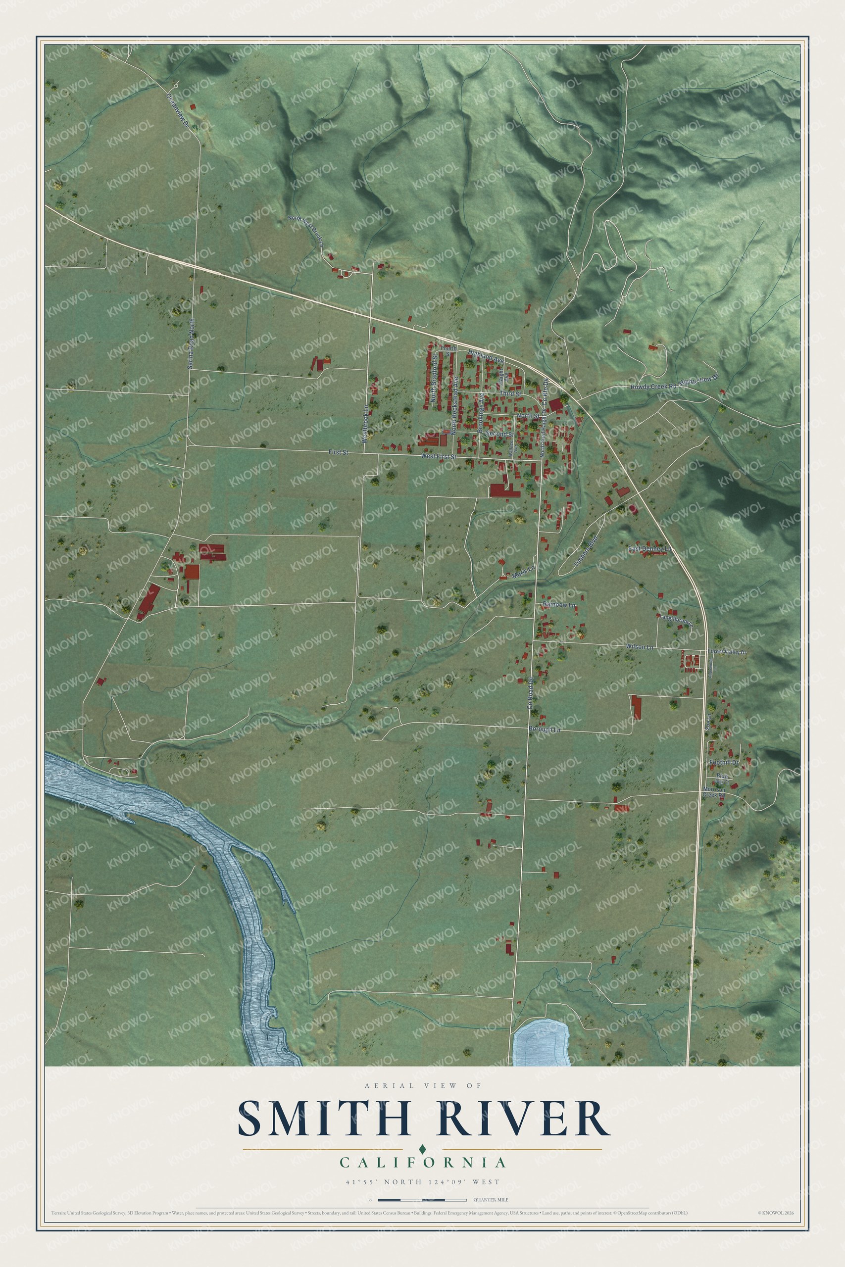 Full map of Smith River, California, with red buildings, printed street names and the land around them