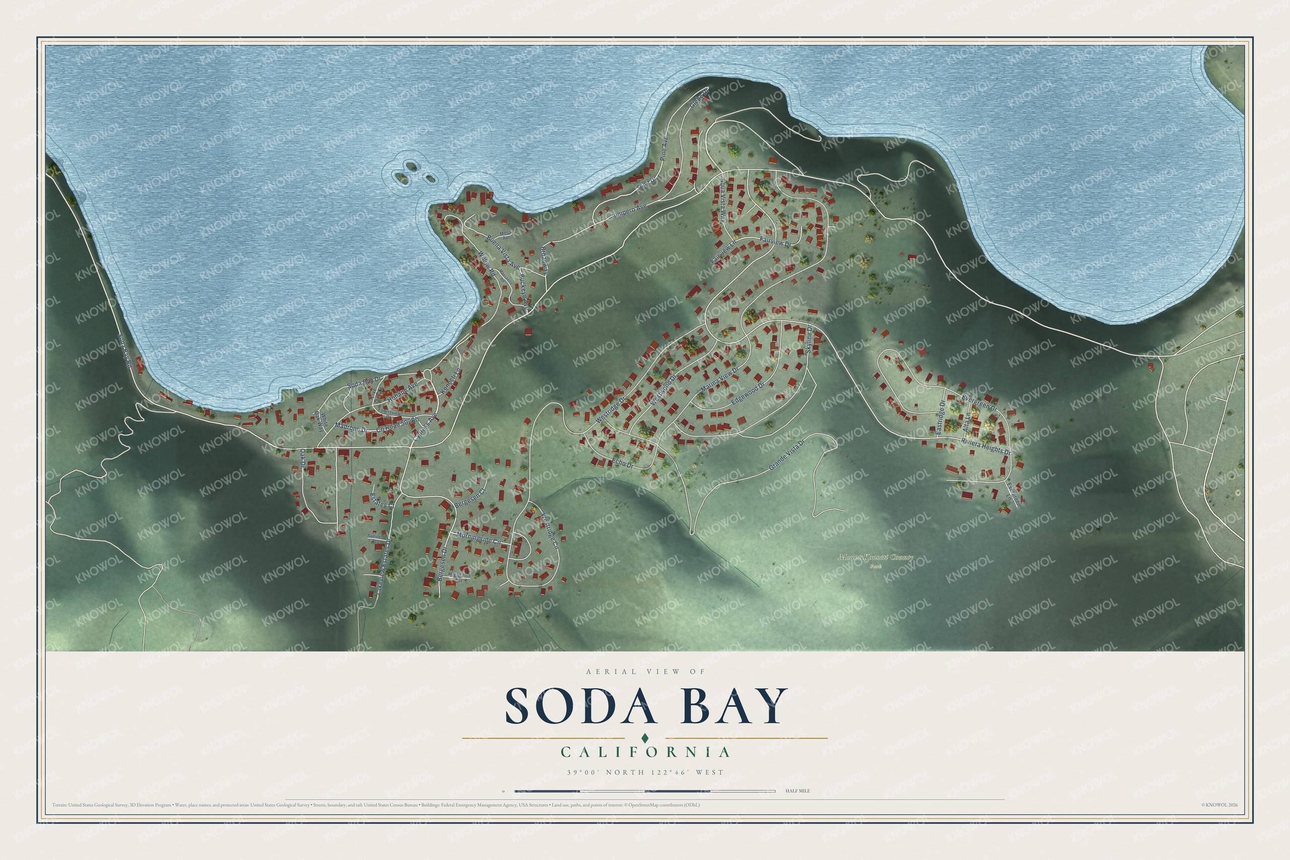 Full map of Soda Bay, California, with red buildings, printed street names and the land around them