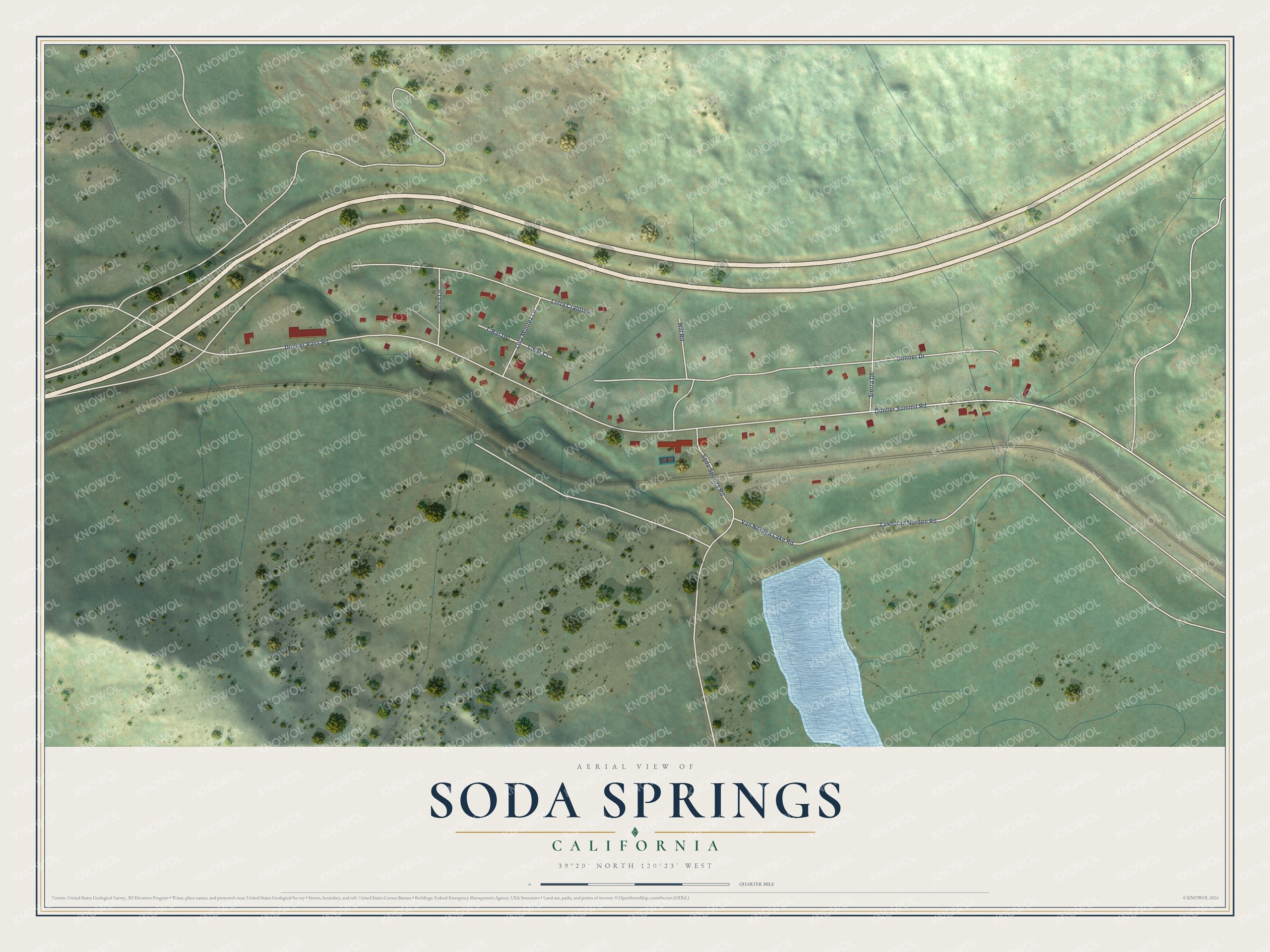 Full map of Soda Springs, California, with red buildings, printed street names and the land around them