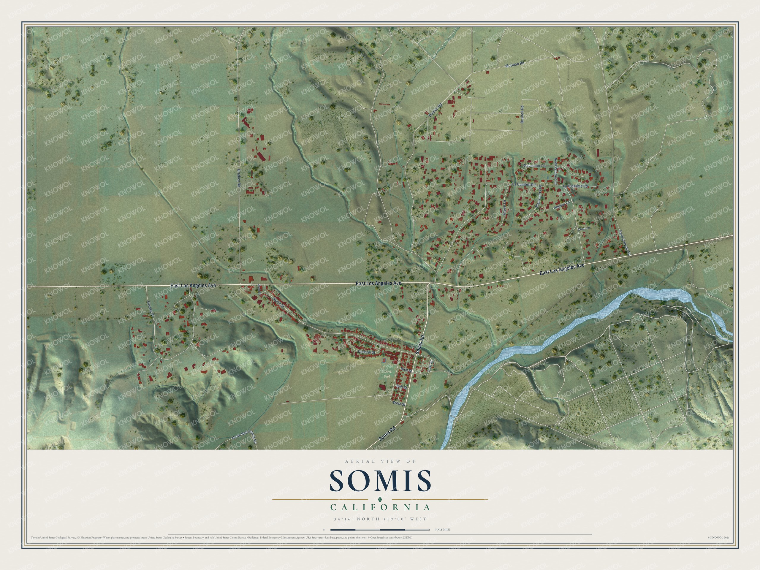 Full map of Somis, California, with red buildings, printed street names and the land around them