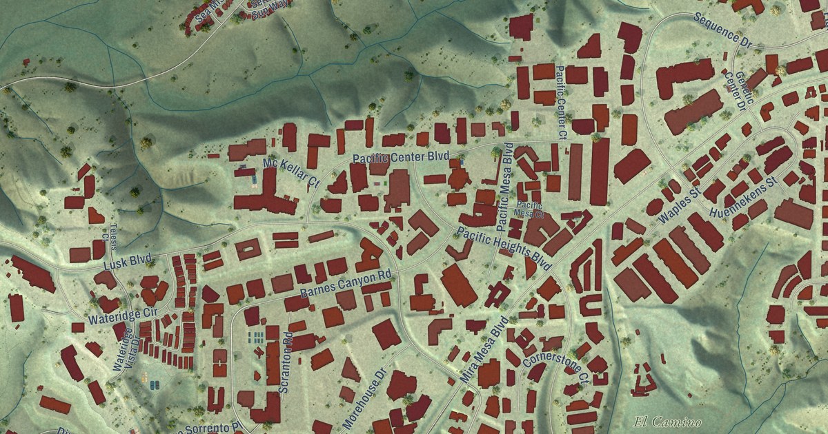 Close-up of streets and buildings in Sorrento Valley, California