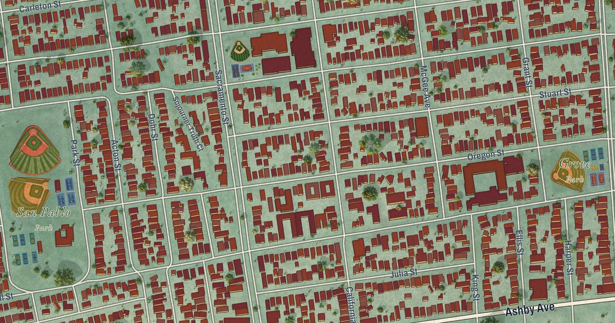 Close-up of streets and buildings in South Berkeley, California