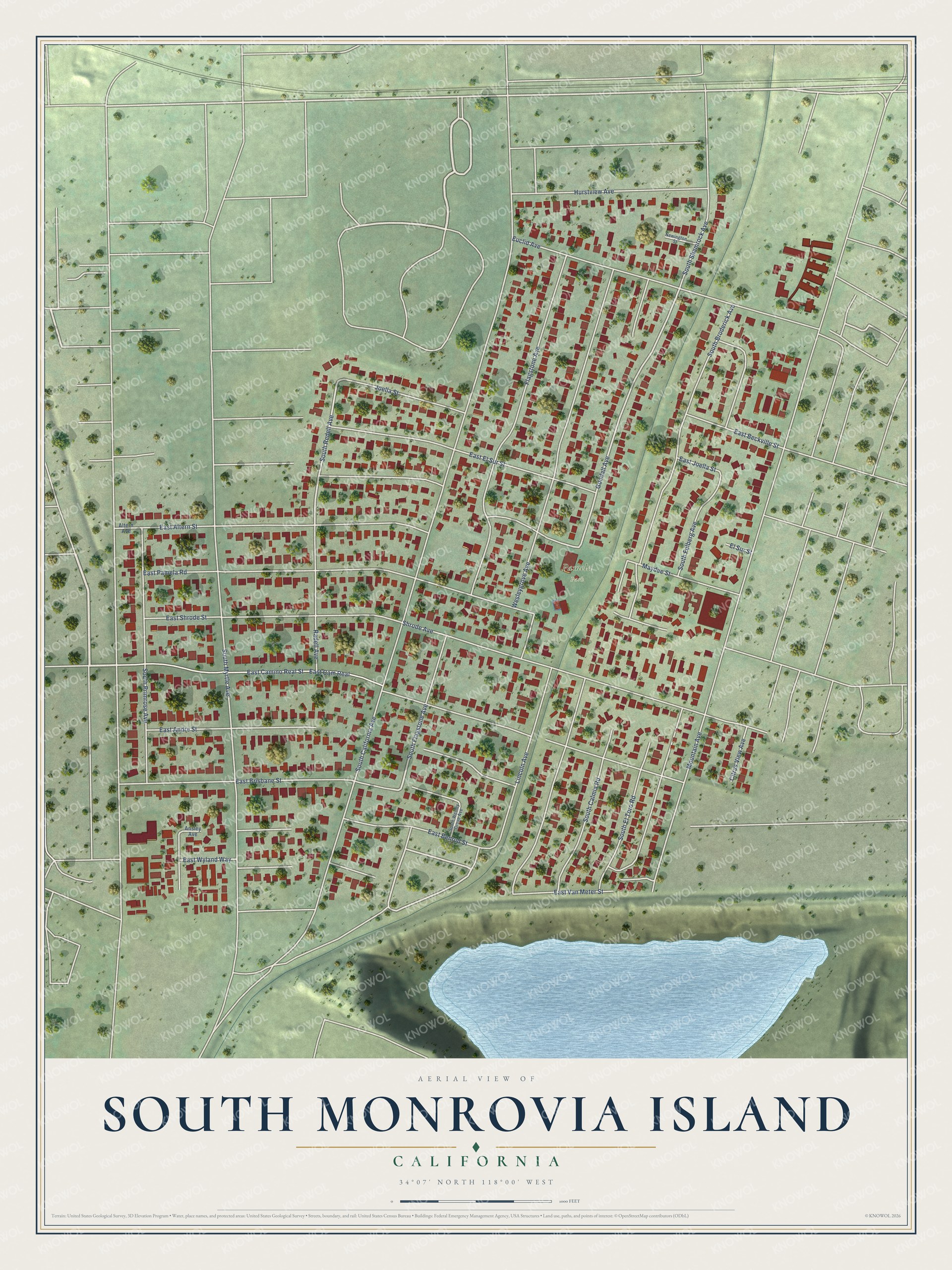 Full map of South Monrovia Island, California, with red buildings, printed street names and the land around them