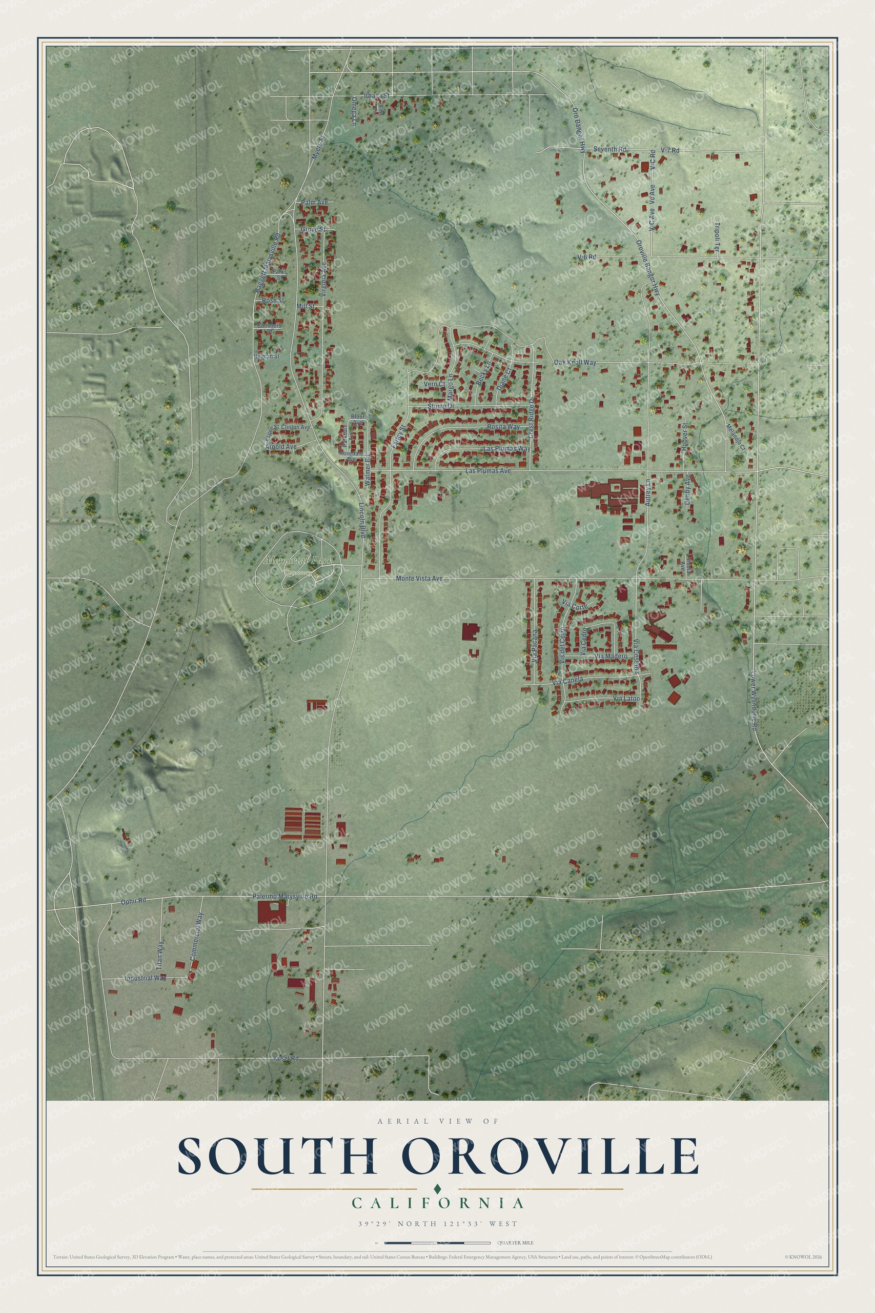 Full map of South Oroville, California, with red buildings, printed street names and the land around them