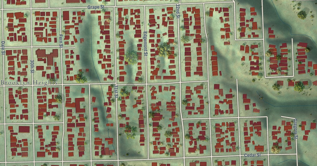 Close-up of streets and buildings in South Park, California
