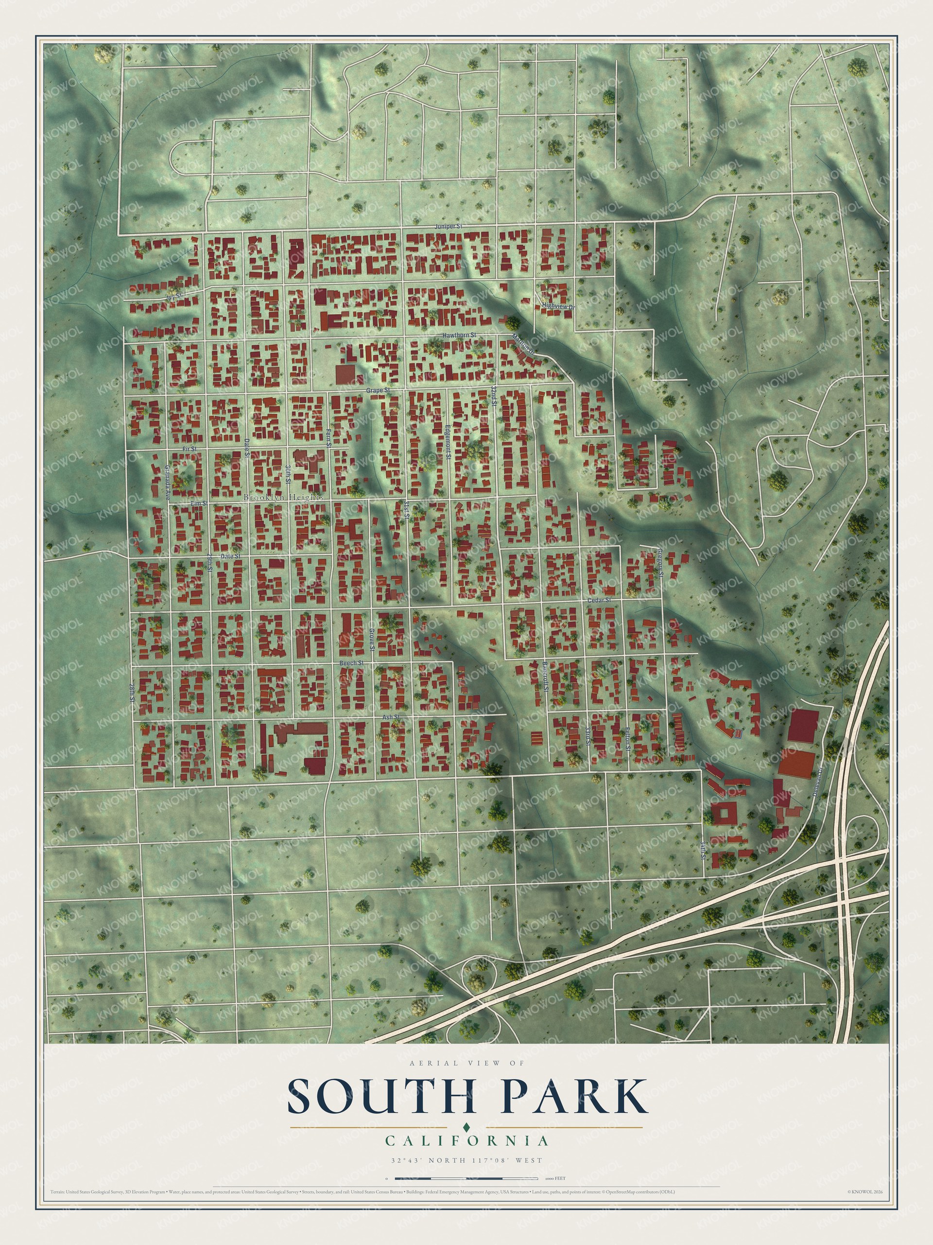 Full map of South Park, California, with red buildings, printed street names and the land around them